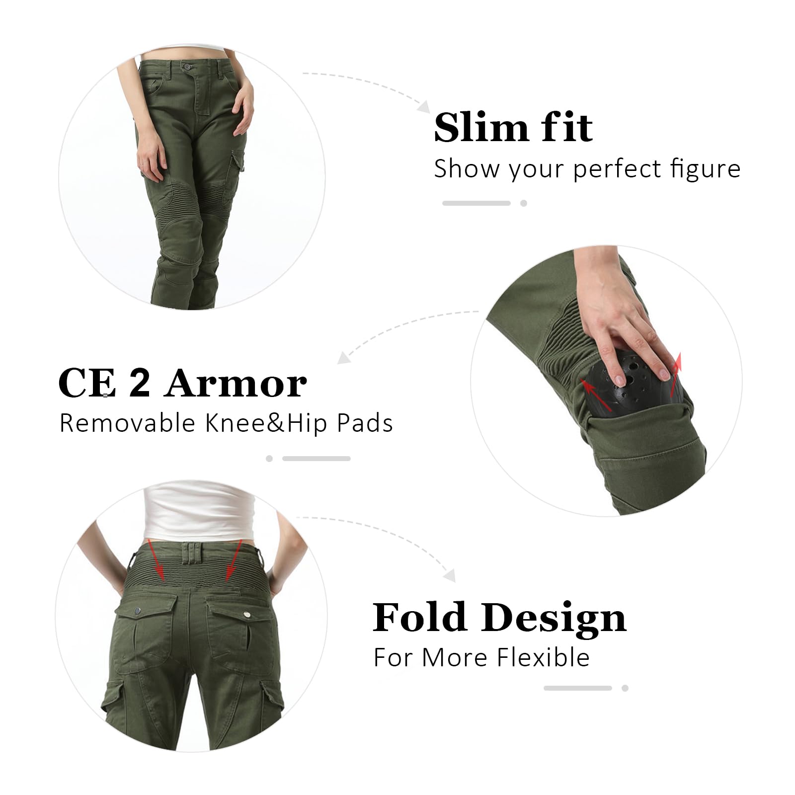 LOMENG Motorcycle Riding Pants Motorcycle Jeans Slim Fit with CE Knee Hip Removable Protectors Armor for Women Green M 30