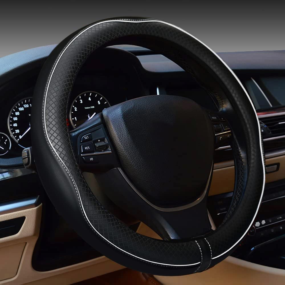 Car Steering Wheel Cover, Anti-Slip, Safety, Soft, Breathable, Heavy Duty, Thick, Full Surround, Sports Style (Black With White 
