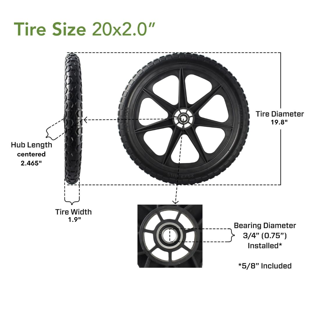 Marathon 2 Pack Flat Free 20" Replacement Tire Assembly for Rubbermaid Big Wheel Carts, Black, Plastic, Model 92010