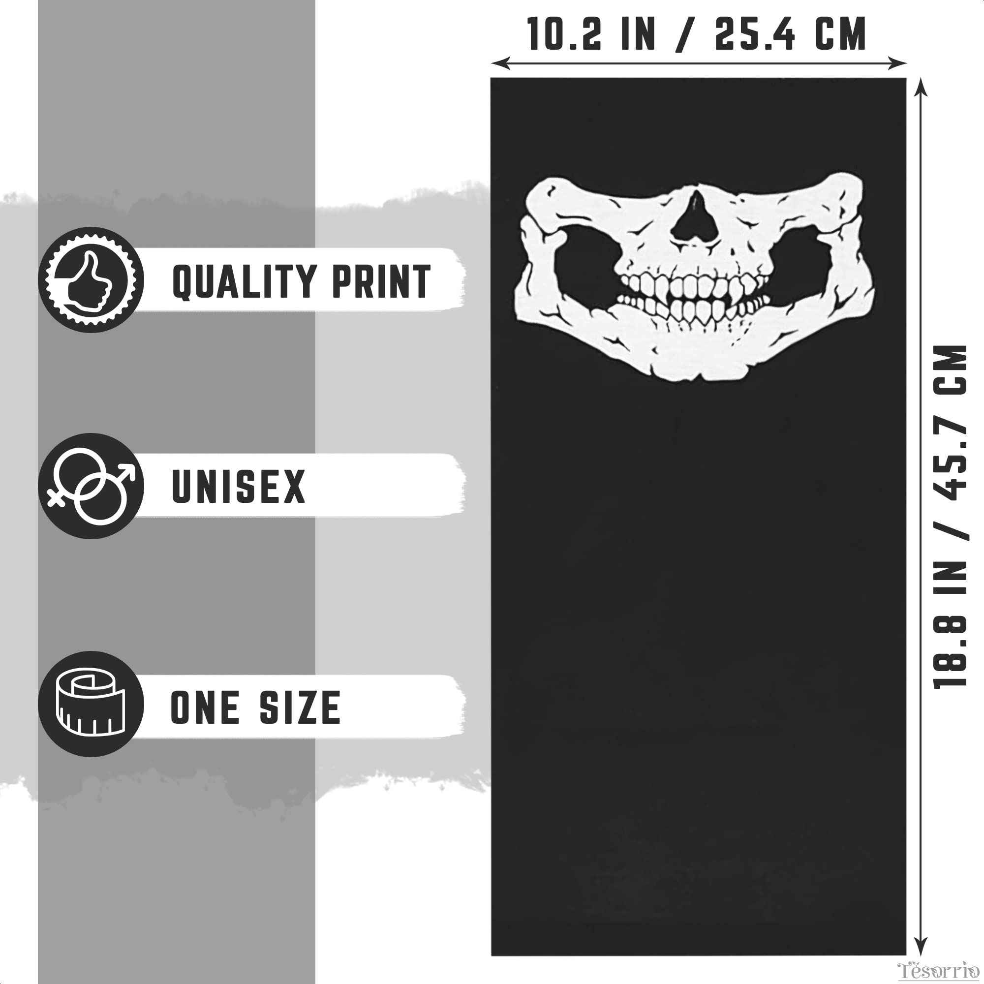 Tesorrio Skull Face Mask - X-Large Black Stretch Fabric Neck Warmer for Skiing, Snowboarding, Motorcycle, and Winter Activities