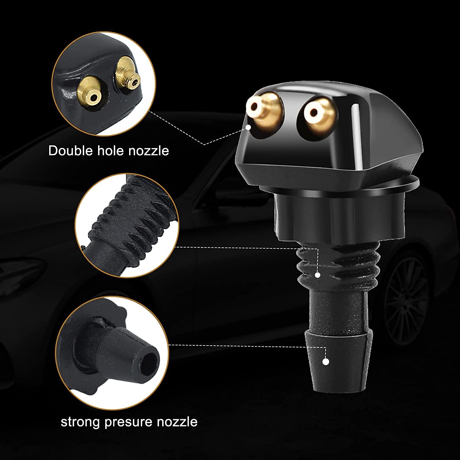 Jeseny 4 Pcs 8Mm 9Mm Front Windshield Washer Nozzle Sprayer Spurter Straight Pillar Truck Automotive Hood 4 Holes Compatible For Ford Honda Chrysler Subaru Bmw Buick Chevrolet Dodge (Black)