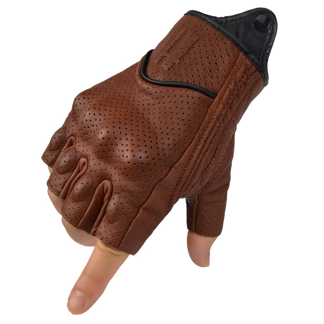 Harssidanzar Men's Motorcycle Gloves Leather Perforated Motorbike Riding Driving Gloves CM044US, Saddle, Size Small