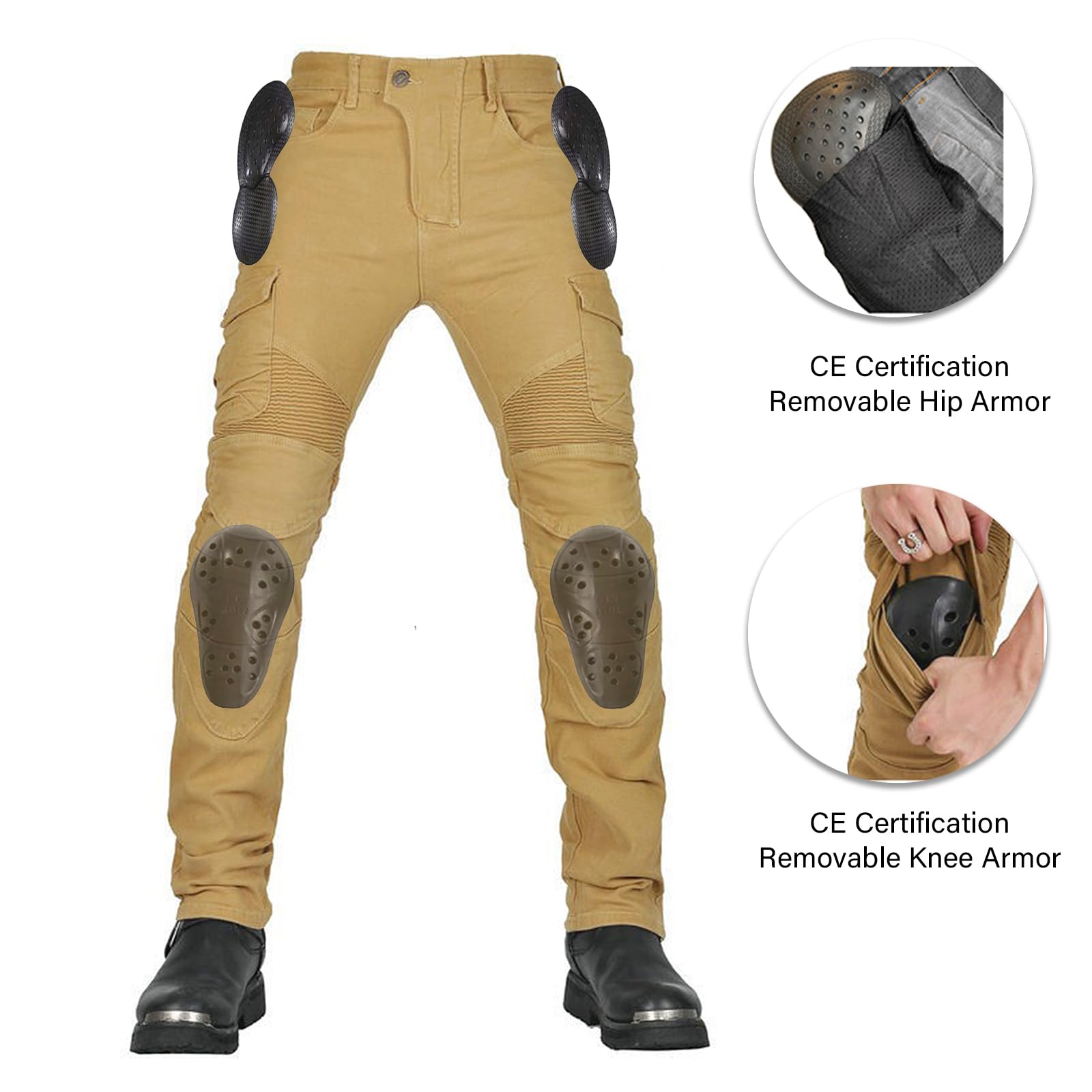 LOMENG Motorcycle Pants Motorbike Riding Denim Jeans Biker Motocross Pants with CE Removable Armored for Men Khaki 2XL
