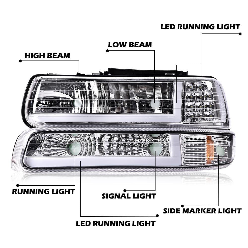 Cheda Led Drl Headlights Assembly Compatible With 1999-2002 Chevy Silverado/Fit 2000-2006 Suburban Tahoe Clear Lens Chrome Housi