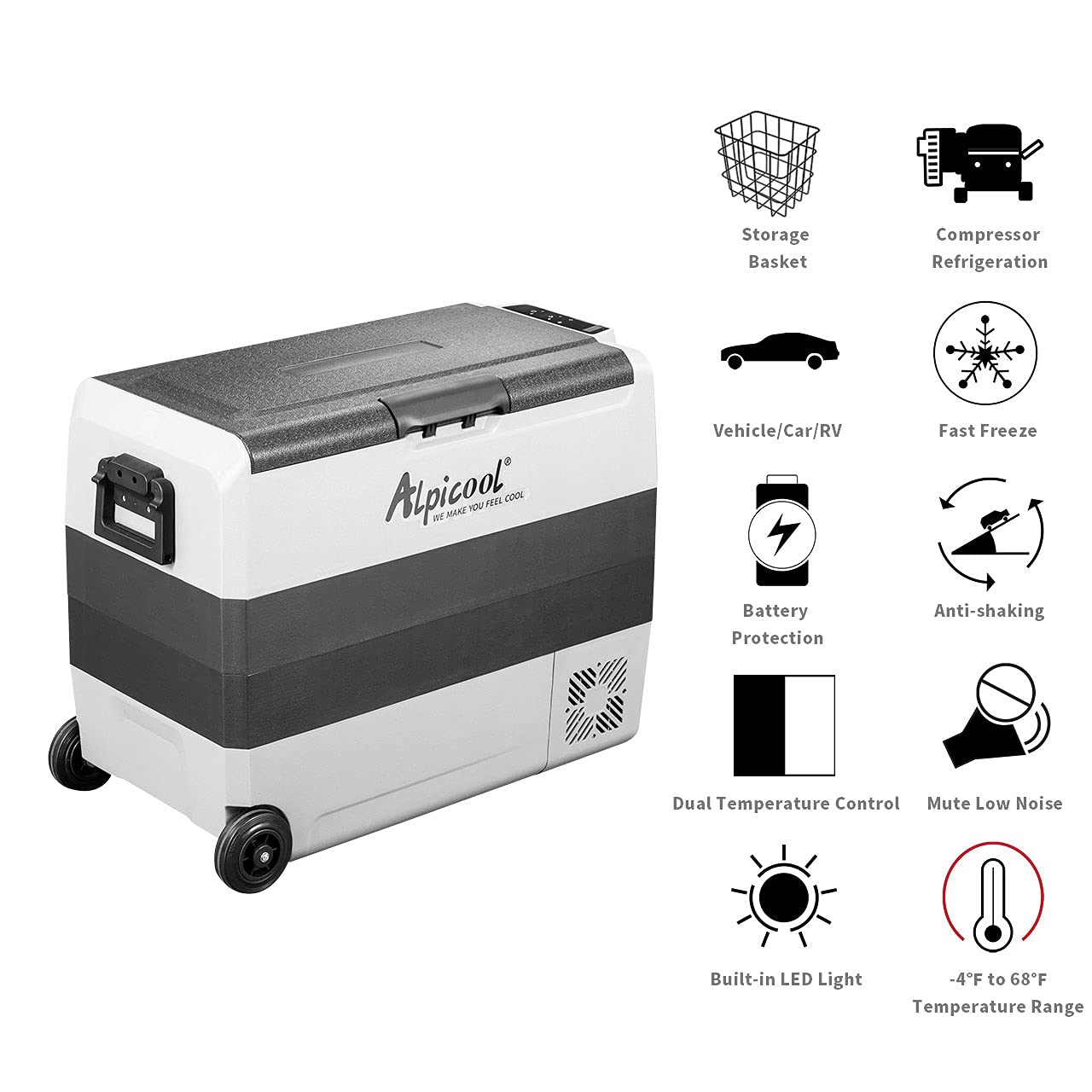 Alpicool T60 Dual Temperature Control 12 Volt Refrigerator 63 Quart Portable Car Fridge Freezer (-4F~68F) For Truck, Rv, Boat, C