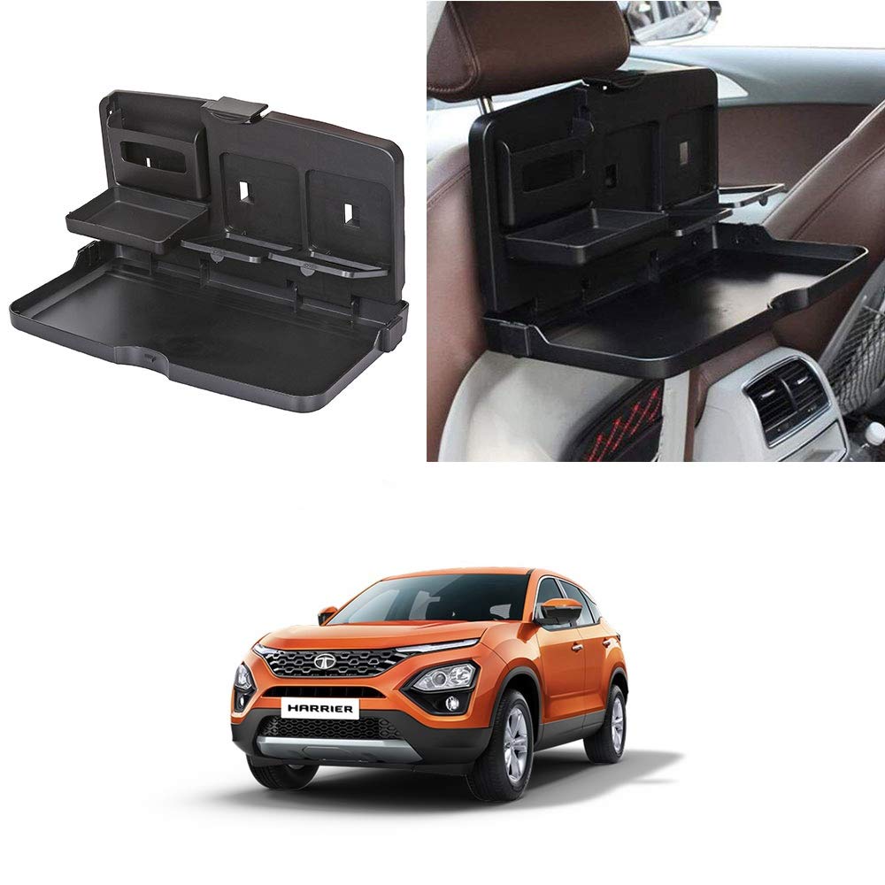 Oshotto (FT02) Car Backseat Food Travel Dining Meal & Snaks Tray & Cup Holder Compatible with Tata Harrier (Black)  1 Piece