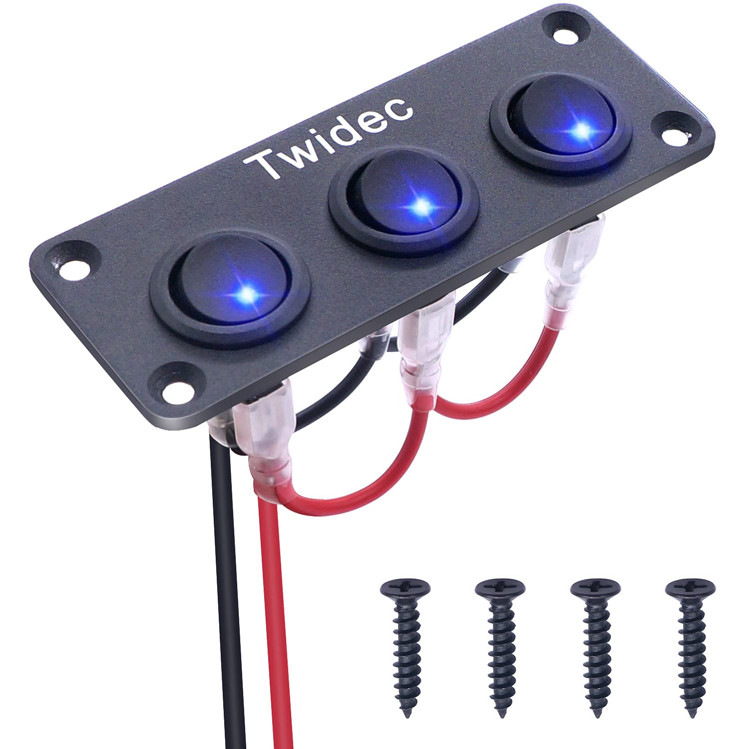 Twidec/3 Gang Rocker Toggle Switch Panel with 12V DC Round Dot Lighted 20A 3 Pins ON/Off SPST Switch Control for Car Or Boat Blu