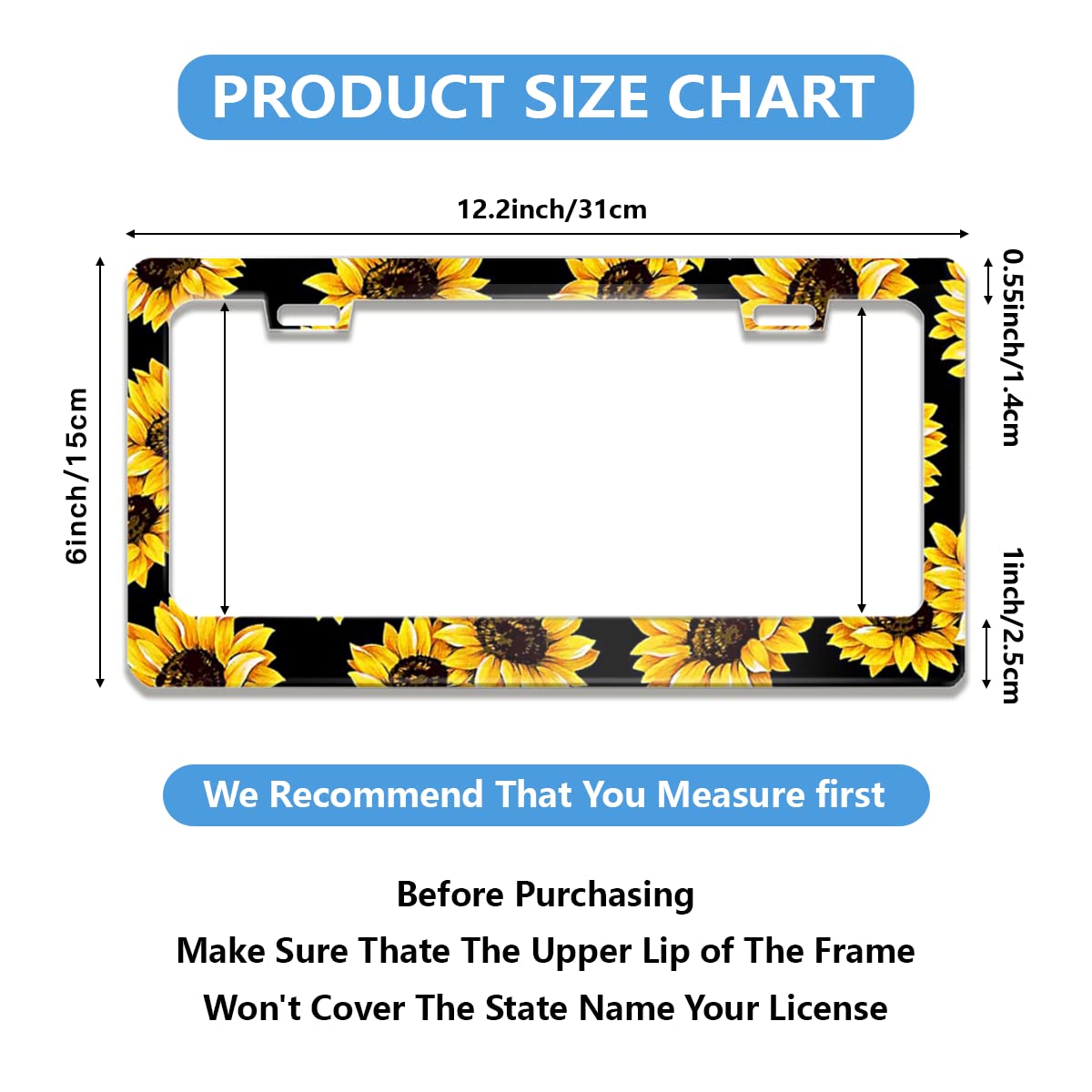 Sunflower License Plate Frame Quality Metal Aluminum Yellow Sunflowers Car Cover Tag Holder Frames With 2 Holes And Screws 12 X 6 Inch Decoration For Us Vehicles Standard Perfect For Women Men