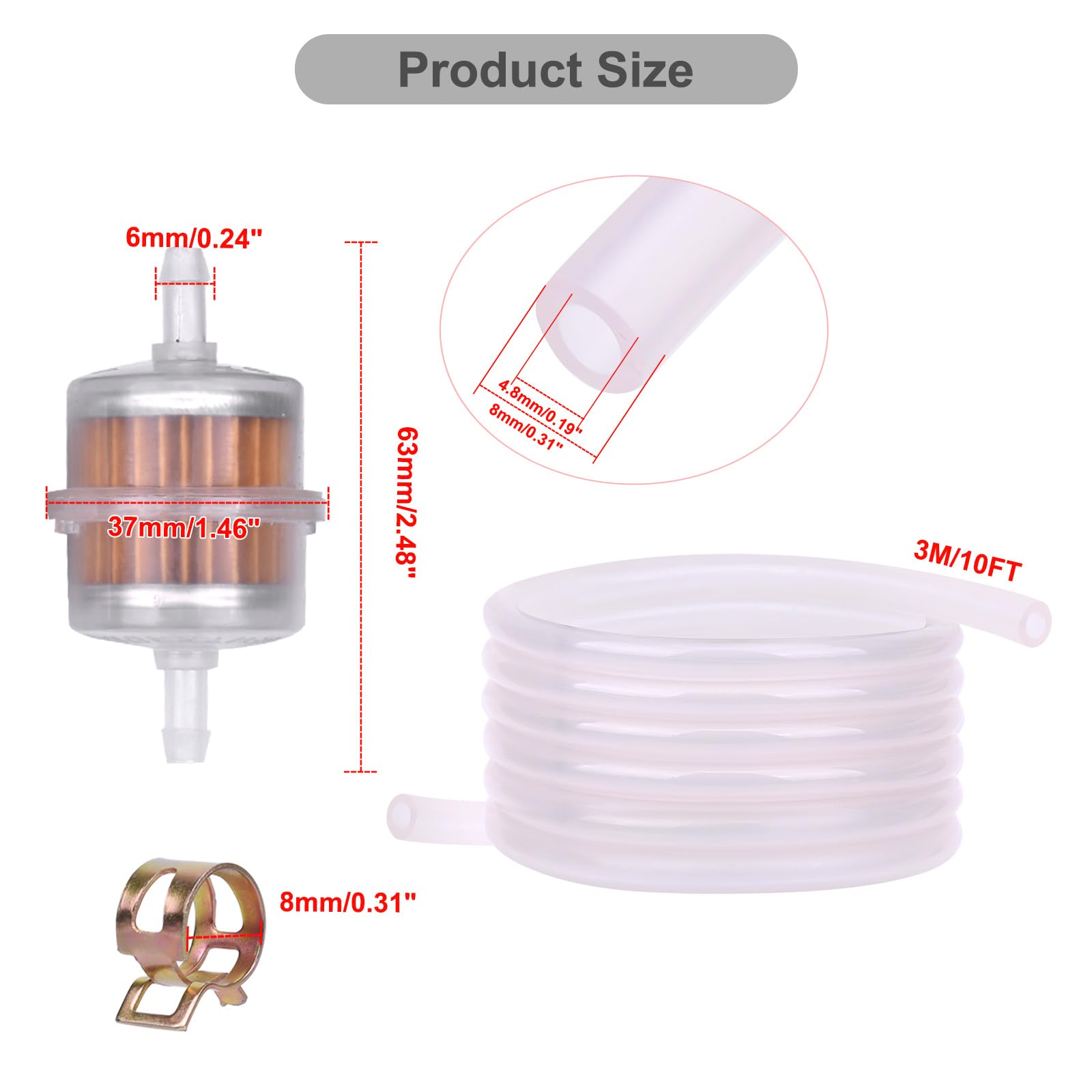 3/16 Inch ID Fuel Line Hose With 2Pcs Fuel Filters +10 Clamps for Kawasaki Lawn Mower Small Engines Generator Mini Bike dirtbike
