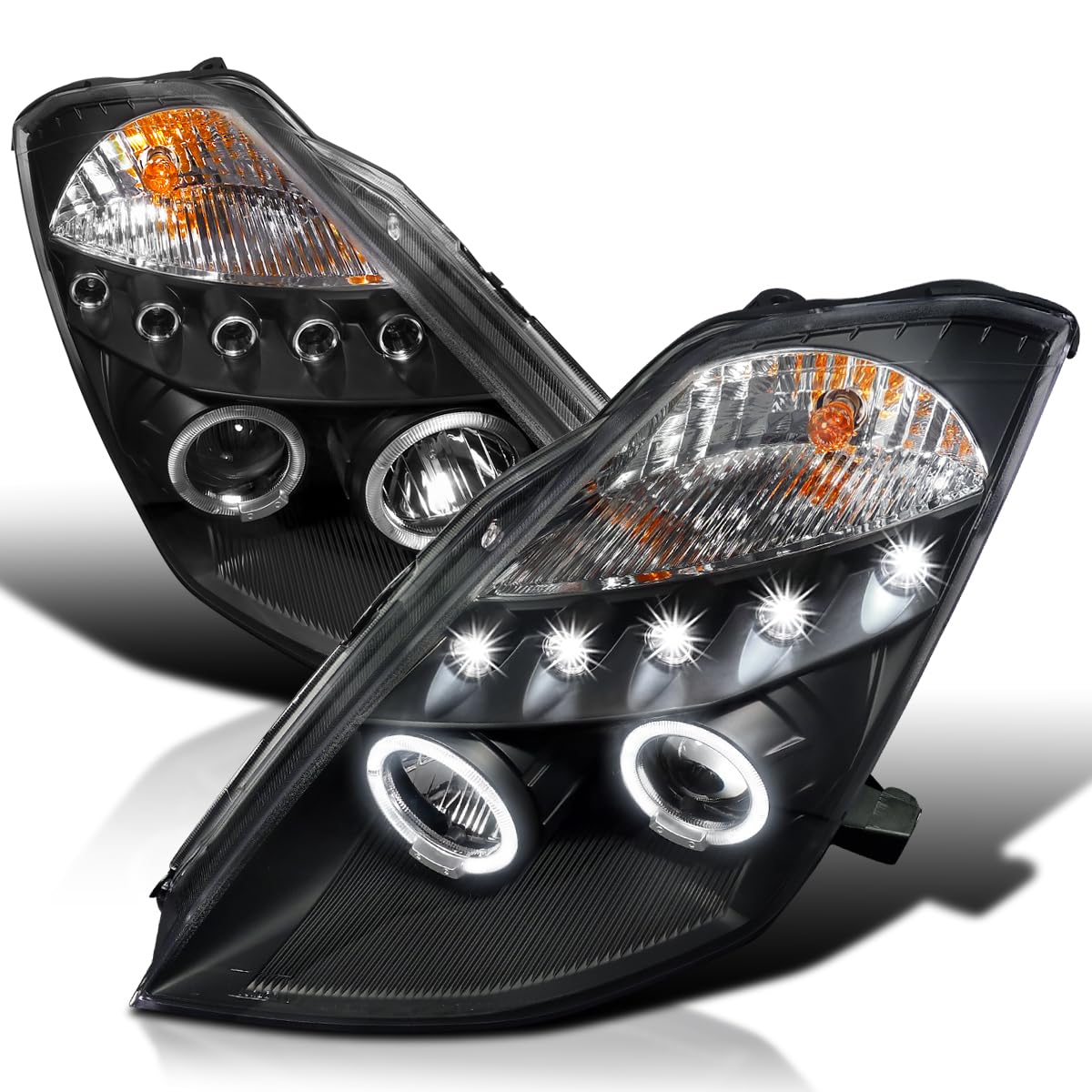Spec-D Tuning Black Halo+Led Projector Headlights Compatible With 2003-2005 Nissan 350Z, Left + Right Pair Headlamps Assembly