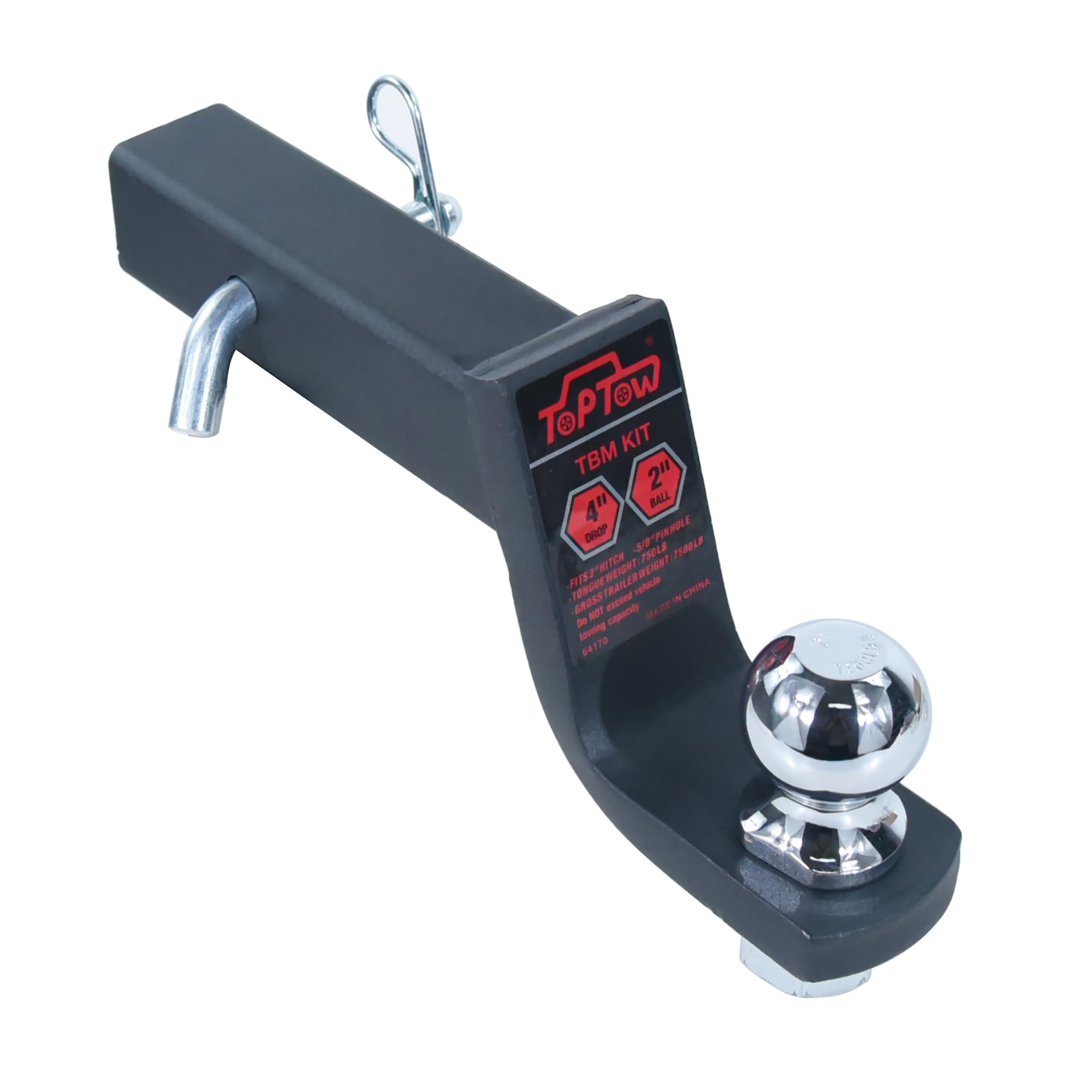 TOPTOW Trailer Hitch Ball Mount Kit with 2 inch Trailer Ball and 5/8 inch Hitch Pin, 4 inch Drop, Fits 2 inch Hitch Receiver, Ma