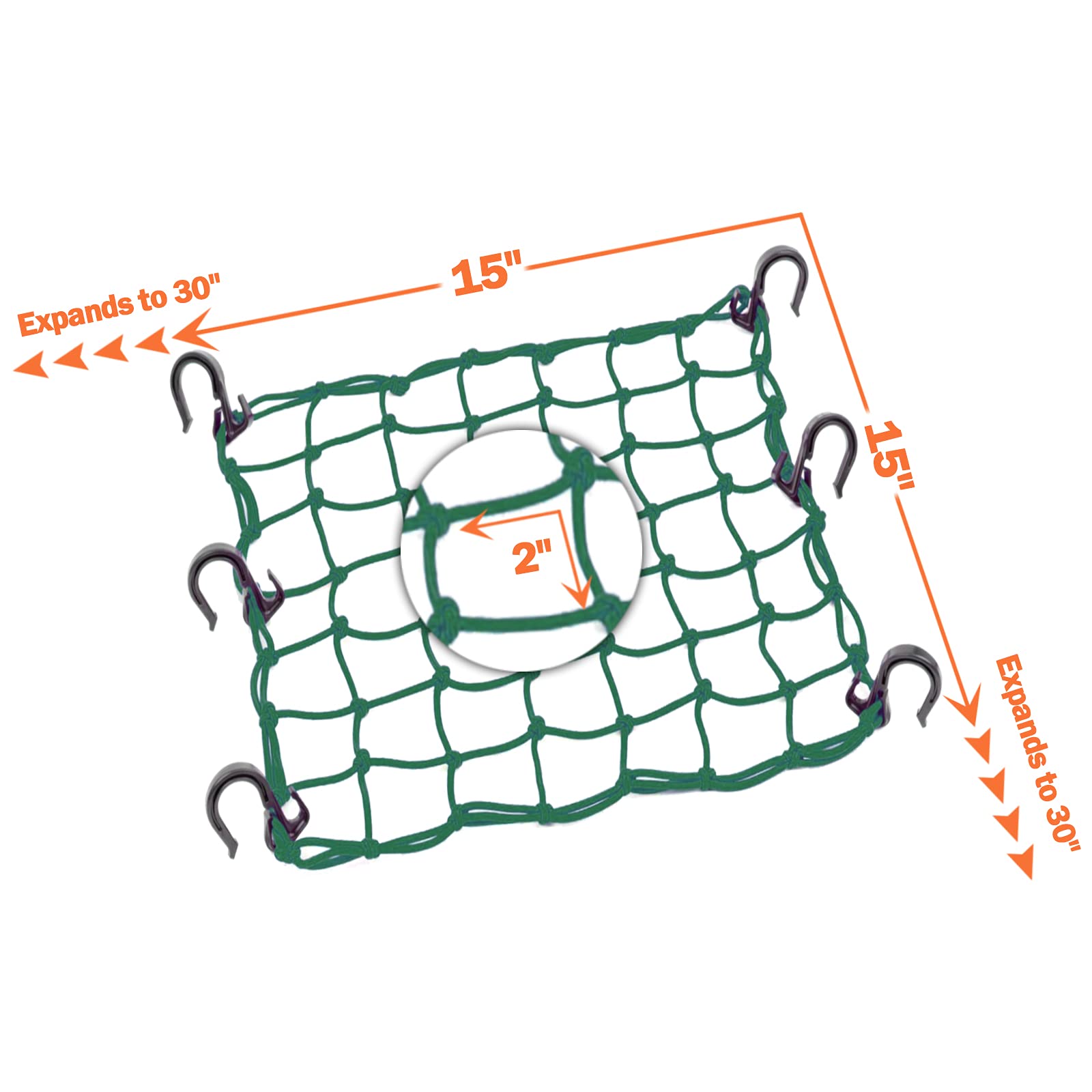 ZUOZE Small Cargo Net 15''x15'' Stretches to 30''x30'' with Thicken Hooks | Natural Latex Core, Tight 2   x2    Mesh Heavy Duty