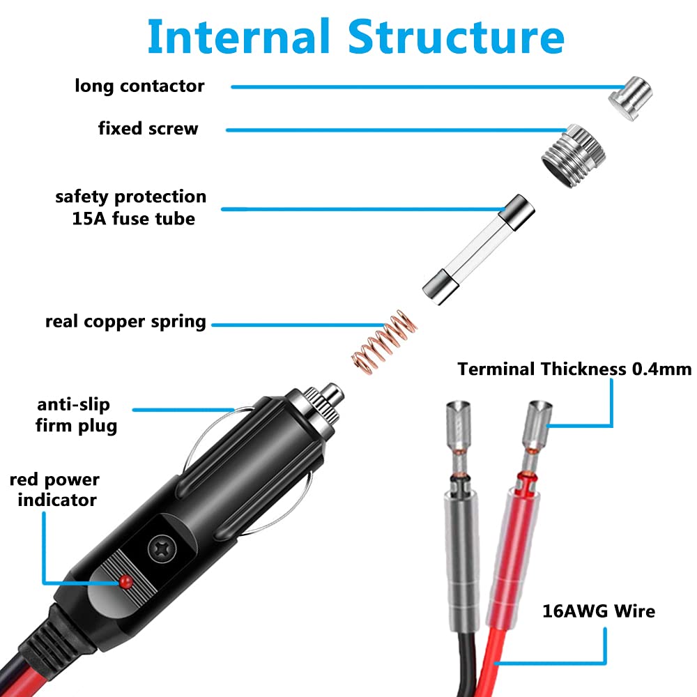 Holder 2 Pack 12V Fused Cigarette Lighter Male Plug With Leads & Led Light, 16Awg Car Replacement Heavy Duty Male 15A Fused Cigarette Lighter Socket Cord