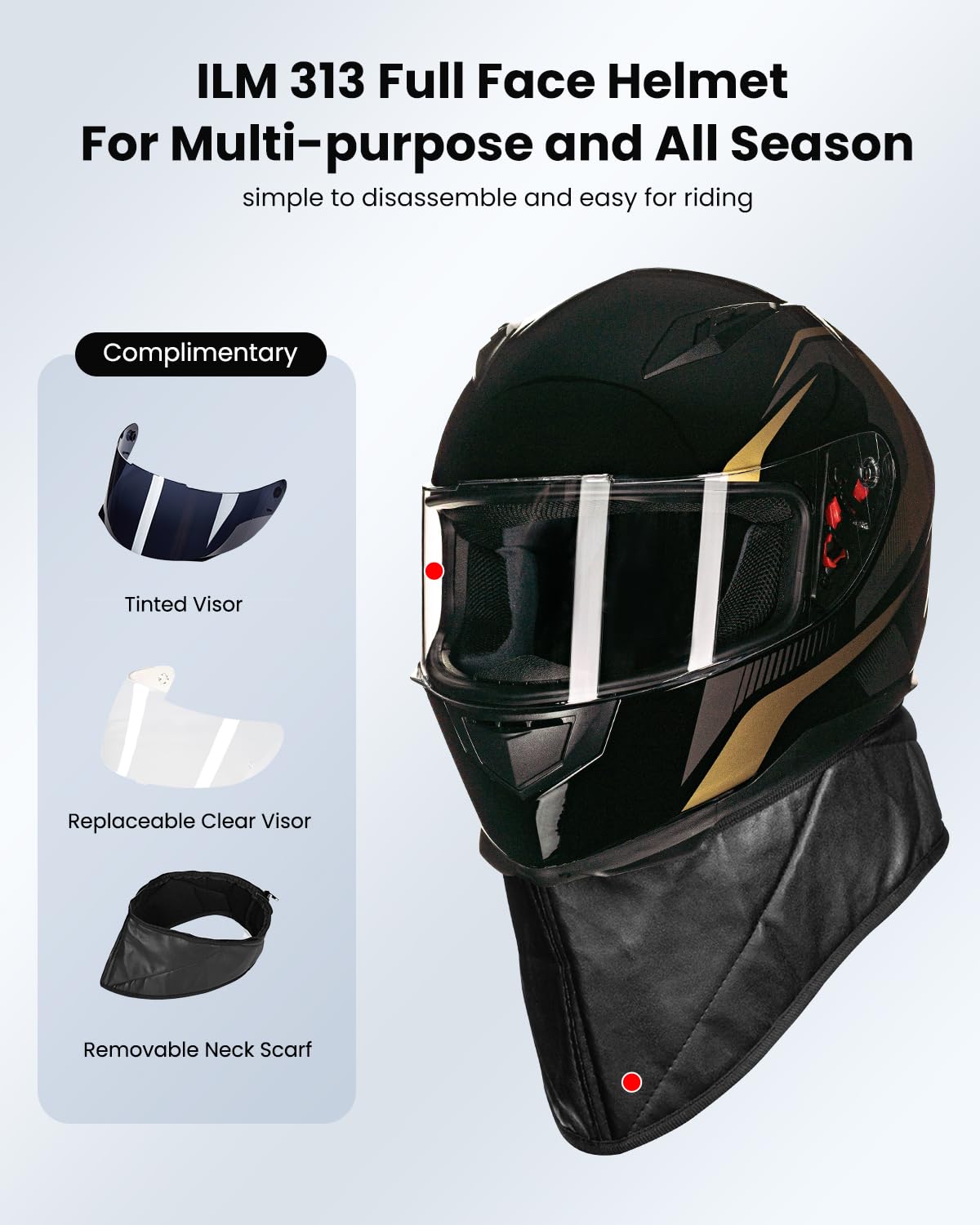 Ilm Full Face Motorcycle Street Bike Helmet With Removable Winter Neck Scarf + 2 Visors Dot Model-Jk313 (S, Golden)