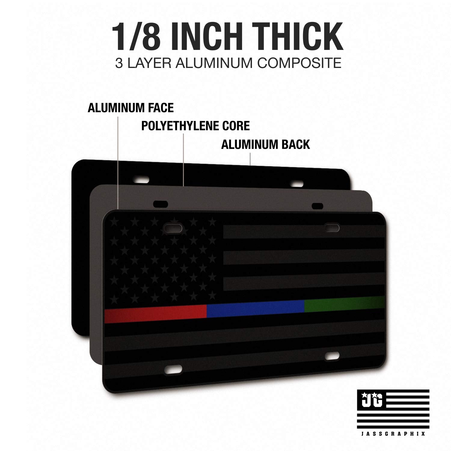 Jass Graphix Thin Blue Line Thin Red Line Thin Green Line Nearly Invisible American Flag License Plate Matte Black On 1/8'' Blac