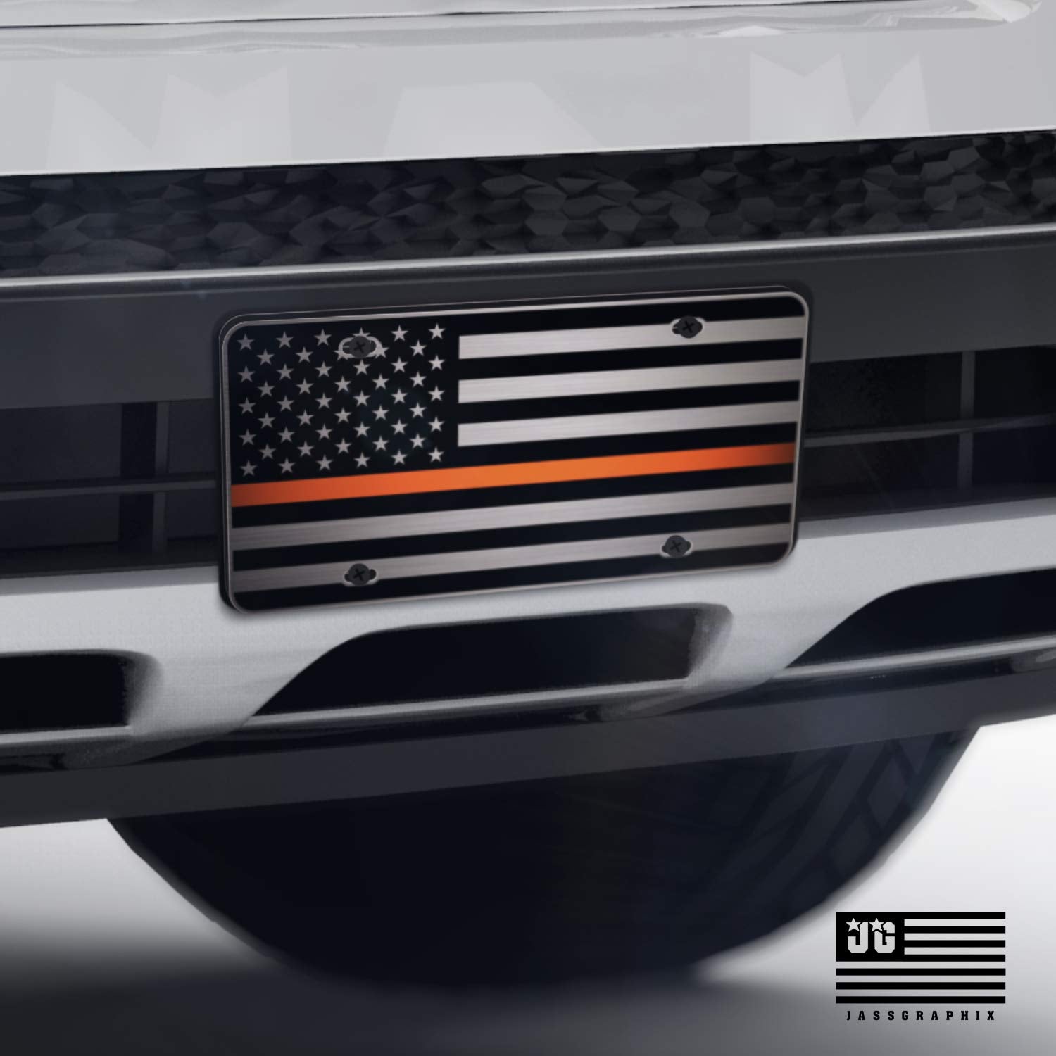 Jass Graphix Sar Ems Thin Orange Line American Flag License Plate Search And Rescue Matte Black On 1/8'' Brushed Aluminum Compos