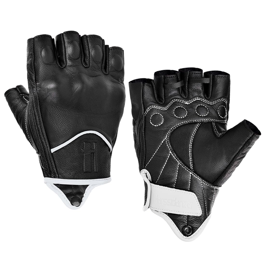 Harssidanzar Fingerless Motorcycle Gloves For Mens Leather Riding Driving Half Finger Gloves Gm037, Black/White, Size Large