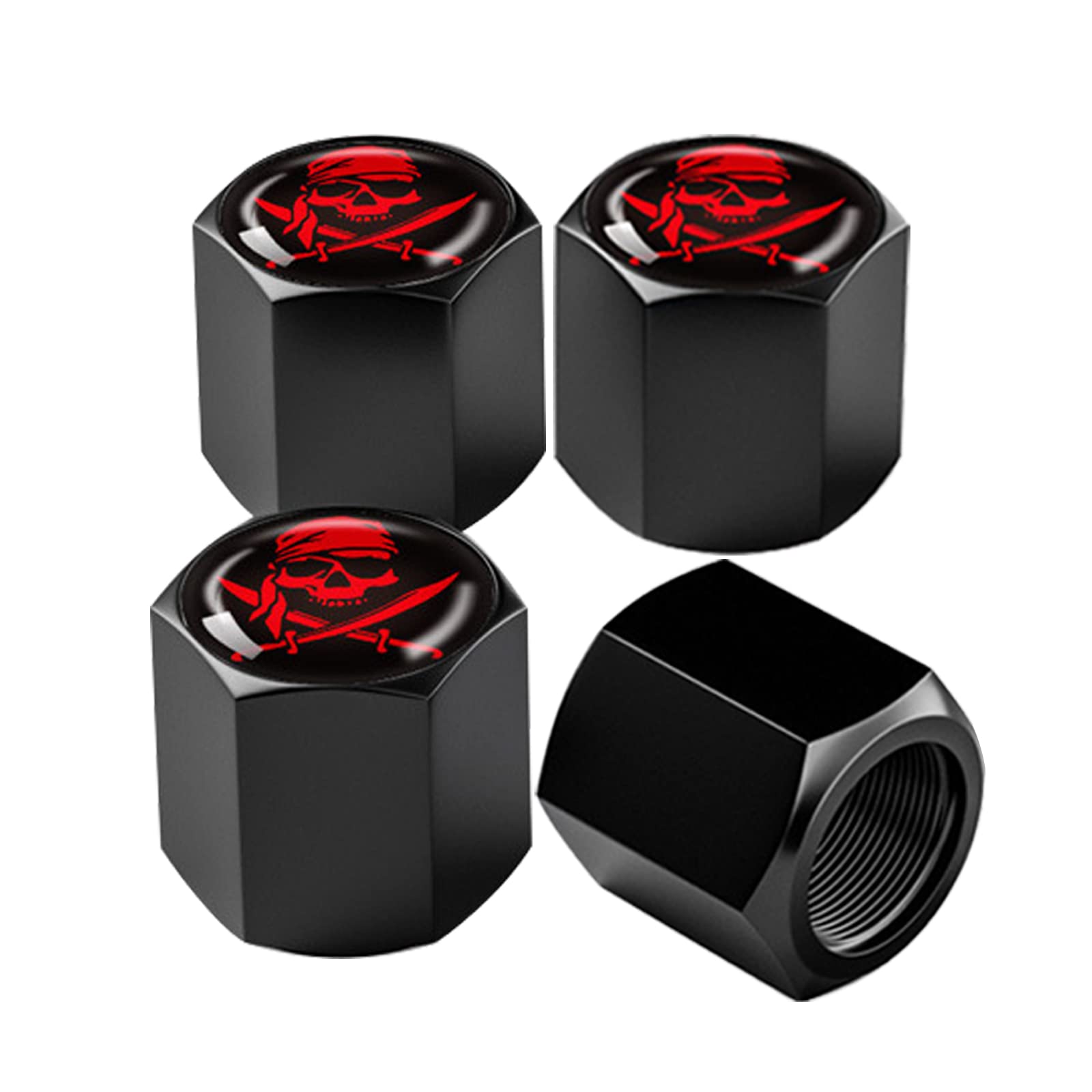 Ajxn Pack-4 Skull Car Wheel Tire Valve Stem Caps, Universal Car Tire Air Valve Caps, Dust-Proof Car Wheel Tire Valve Stem Caps Fits Most Vehicles Types, Wheel Accessories Parts (Red-Black)