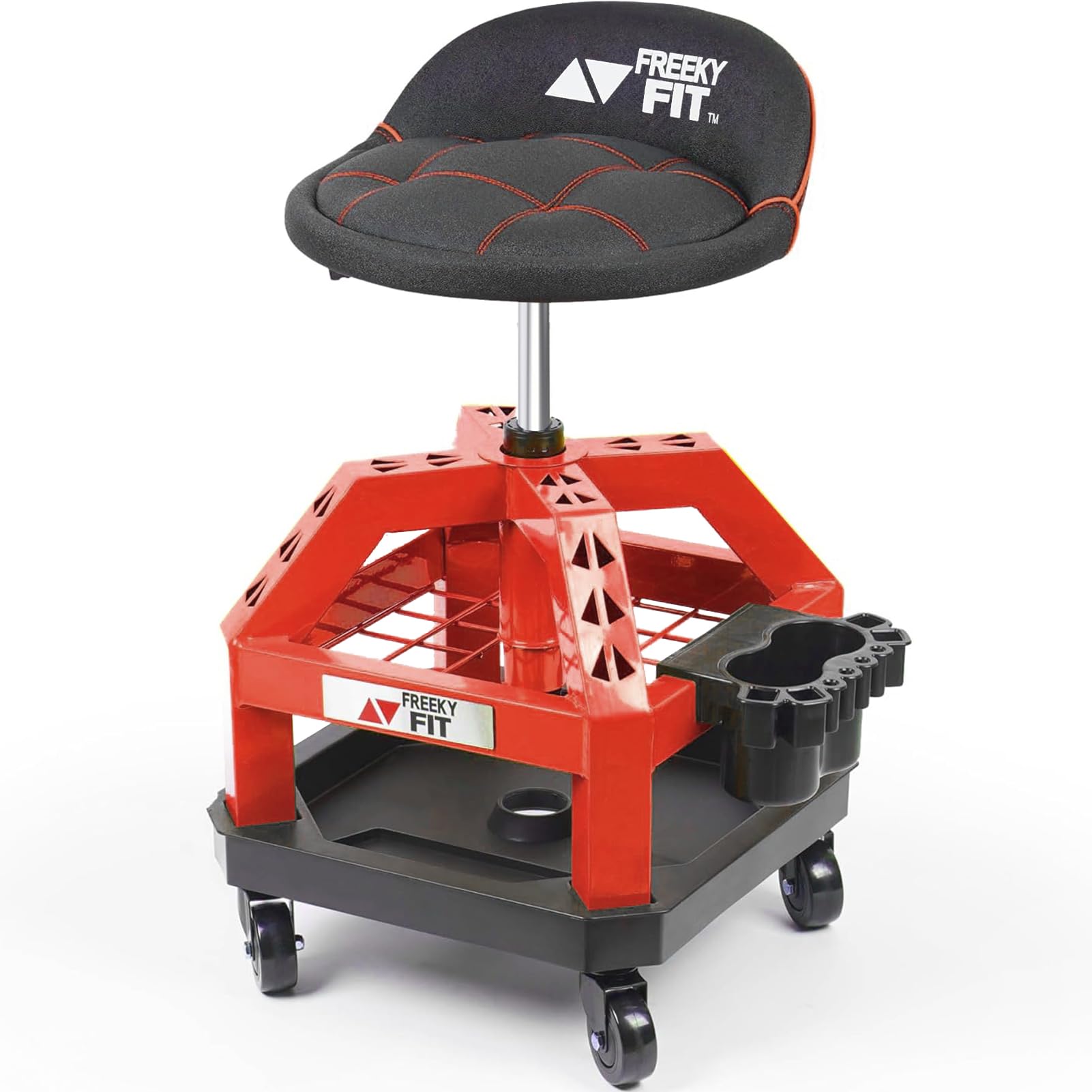 FreekyFit Rolling Shop Stool for Garage with Casters, DO02-Adjustable Height 360 Swivel Shop Seat with Tool Tray Storage, 330 LB