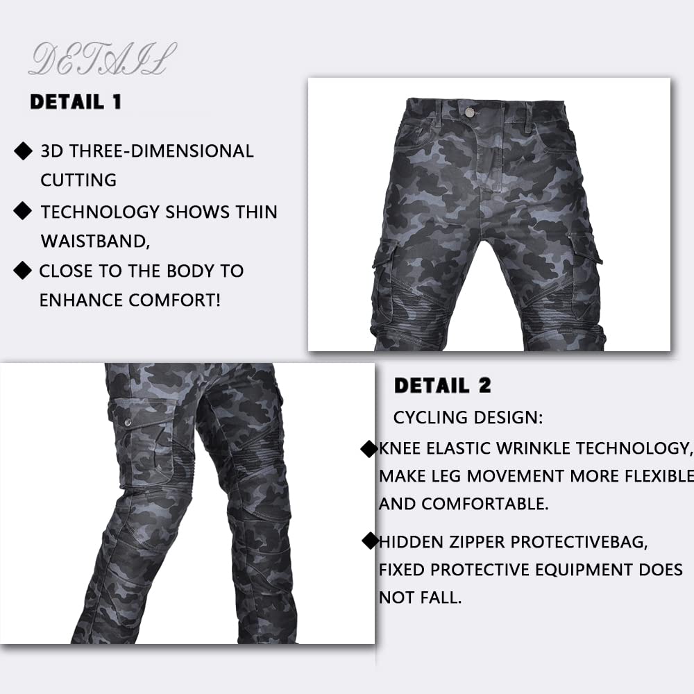 LOMENG Motorcycle Pants Motorbike Riding Denim Jeans Biker Motocross Pants with CE Removable Armored for Men Blue Camouflage M