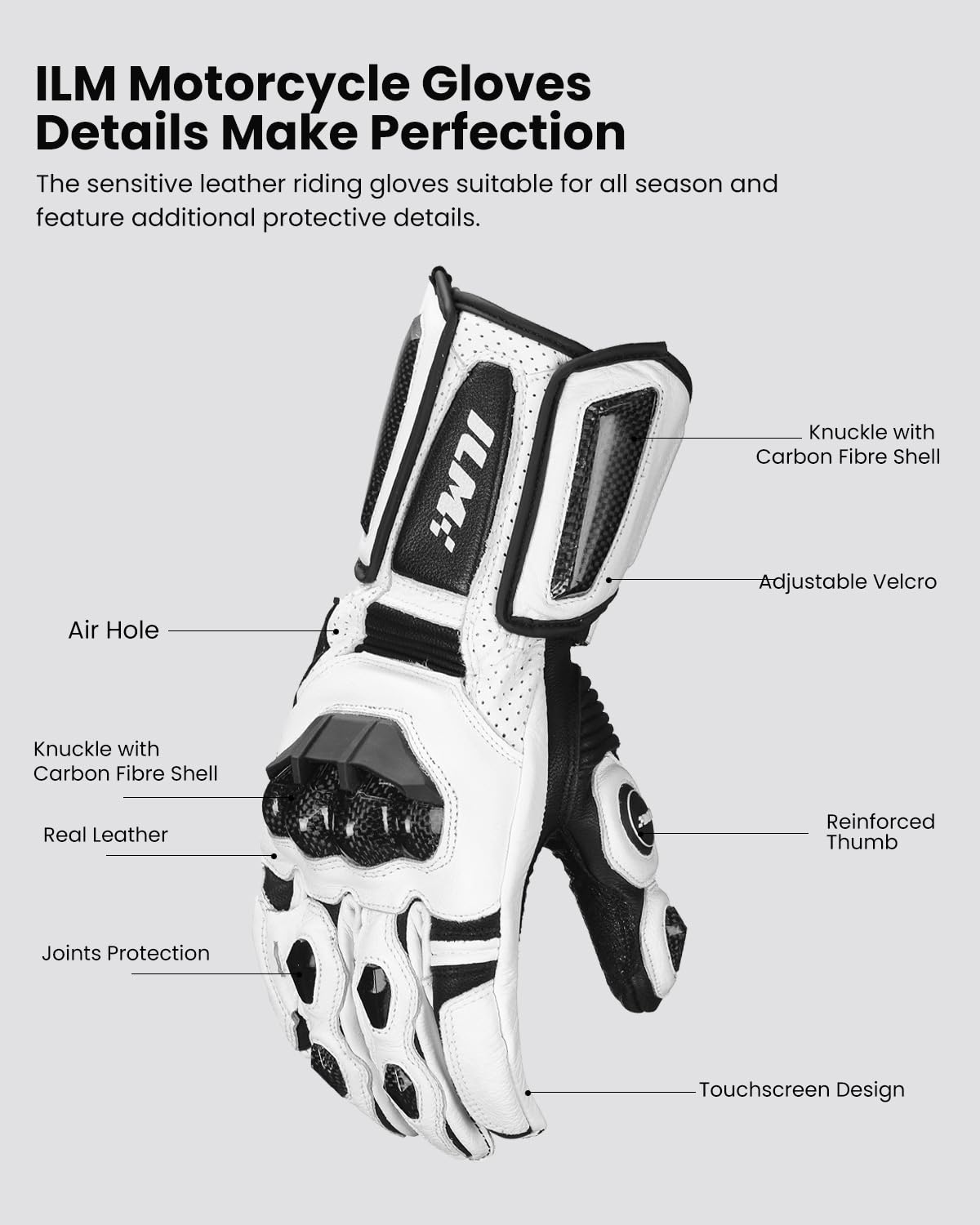 ILM Air Flow Leather Motorcycle Gloves - XXL, White-Long, Model GRC01L for Men & Women - Durable, Comfortable Riding Gear
