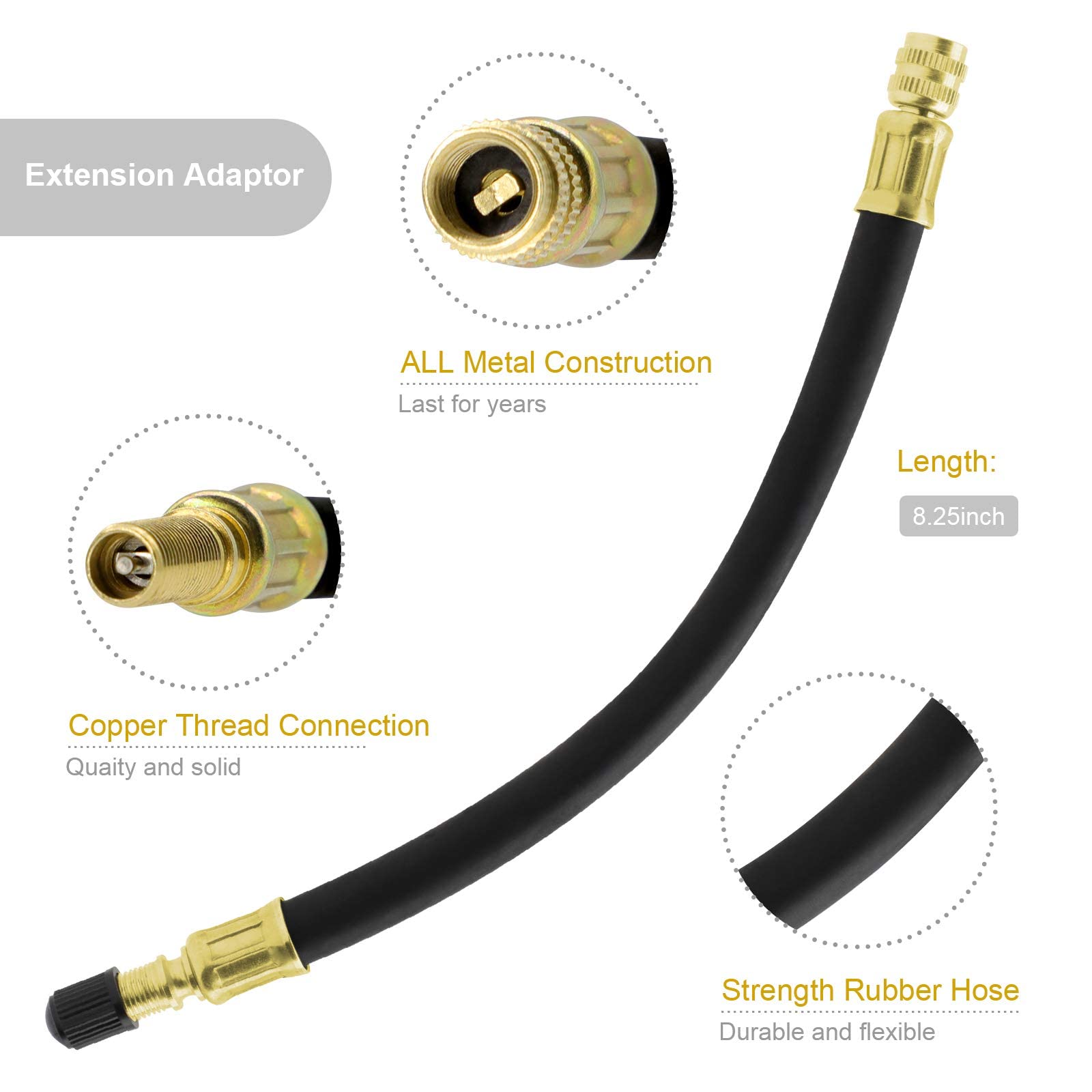 ZHSMS Tire Valve Extension, 8.25 Inch Flexible Valve Stem Extenders with 135 Degree Brass Schrader Tire Valve Extension Adaptor