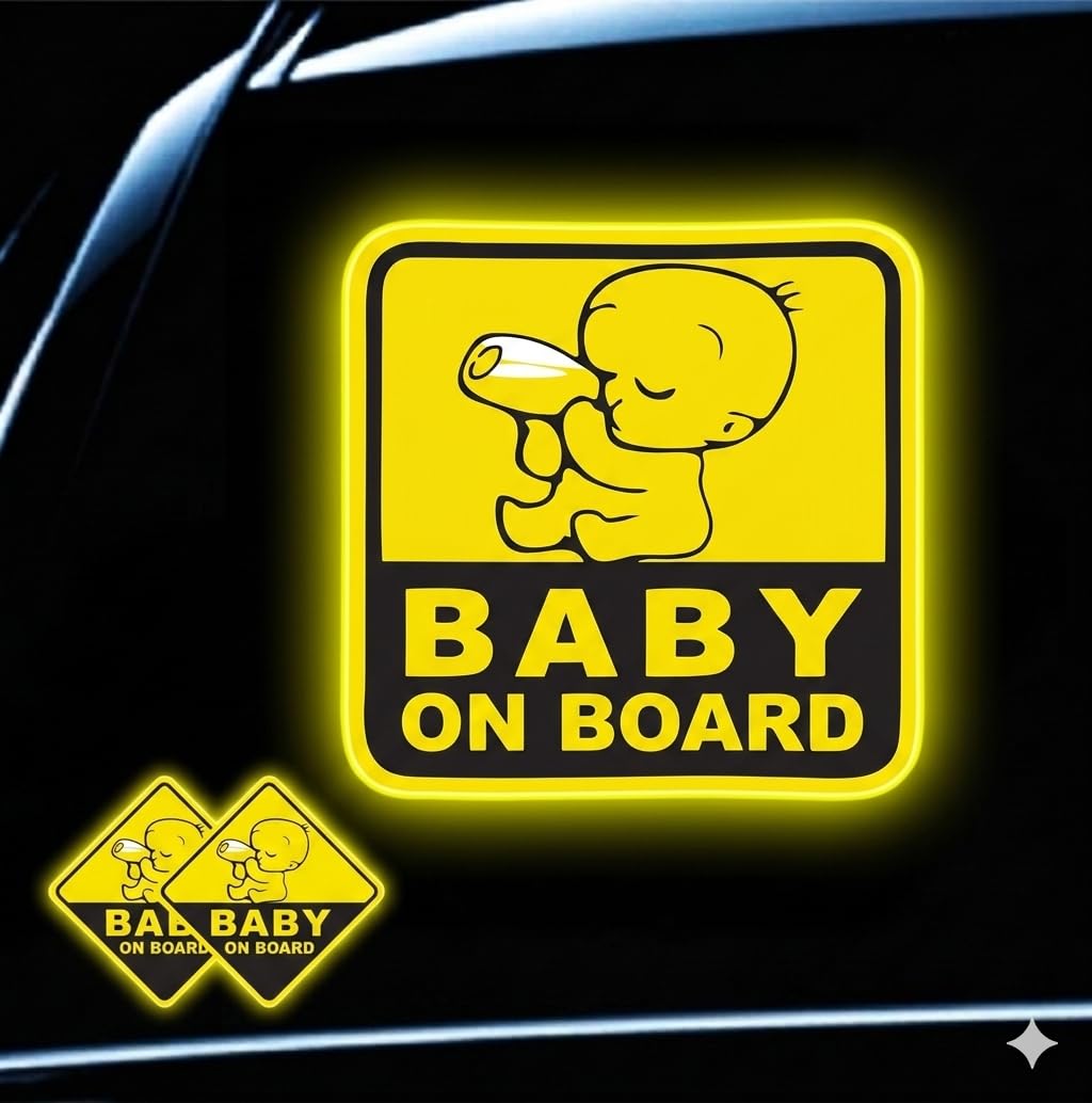 Baby On Board Car Sticker, Yellow And Black, Diamond Shape, Reflective, Waterproof, Uv Protection, 15 Cm, Pack Of 2