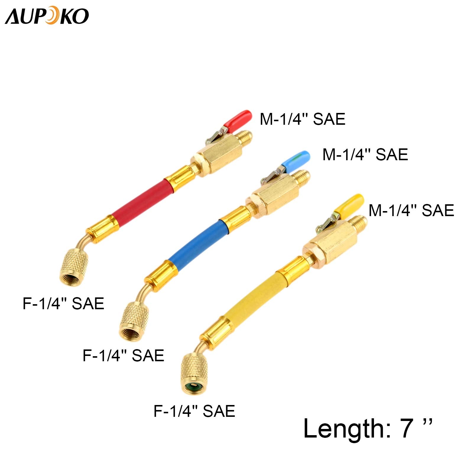 R134A R410A R22 R12 Charging Hoses And Ball Valve Set, 3 Pcs Color Coded Hoses/W Ball Valve 1/4 Sae Thread (7 Long) For Ac Hvac Maintenance Kit And Air Condition Refrigeration Charging Tools