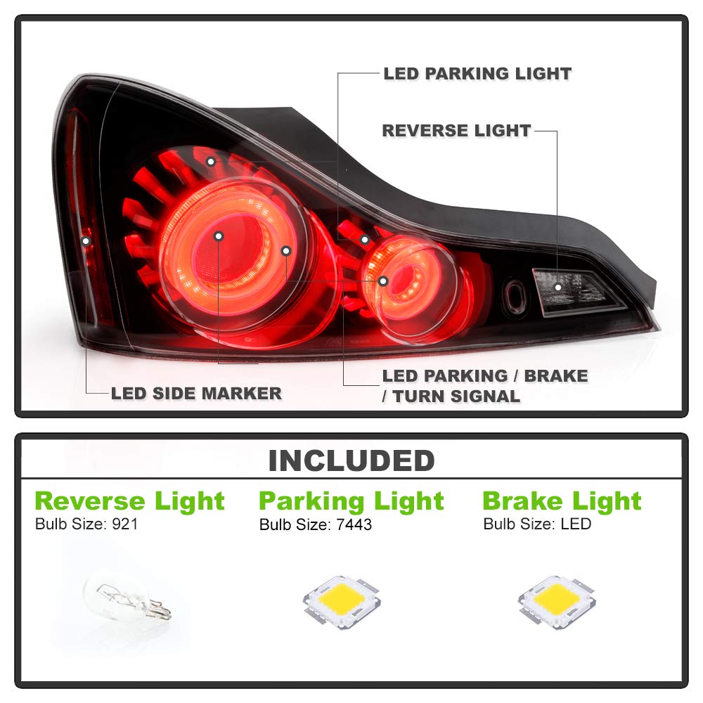 ACANII LED Tube Tail Lights for 2008-2013 Infiniti G37 / 14-15 Q60 Coupe, Black Housing, Smoked Lens, Cyber Black