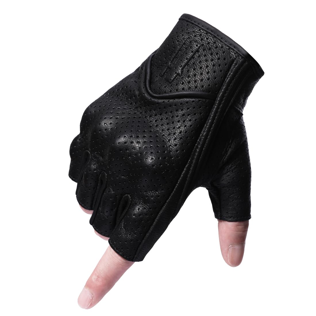 Harssidanzar Men's Motorcycle Gloves Leather Perforated Motorbike Riding Driving Gloves CM044US, Black, Size Medium