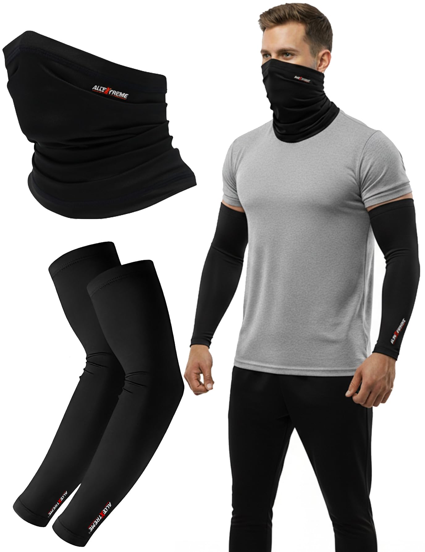 Allextreme Arm Sleeves & Neck Gaiter Set Reusable Uv Protection Cotton Balaclava Bandana With Hand Cover For Men Women Bike Ridi