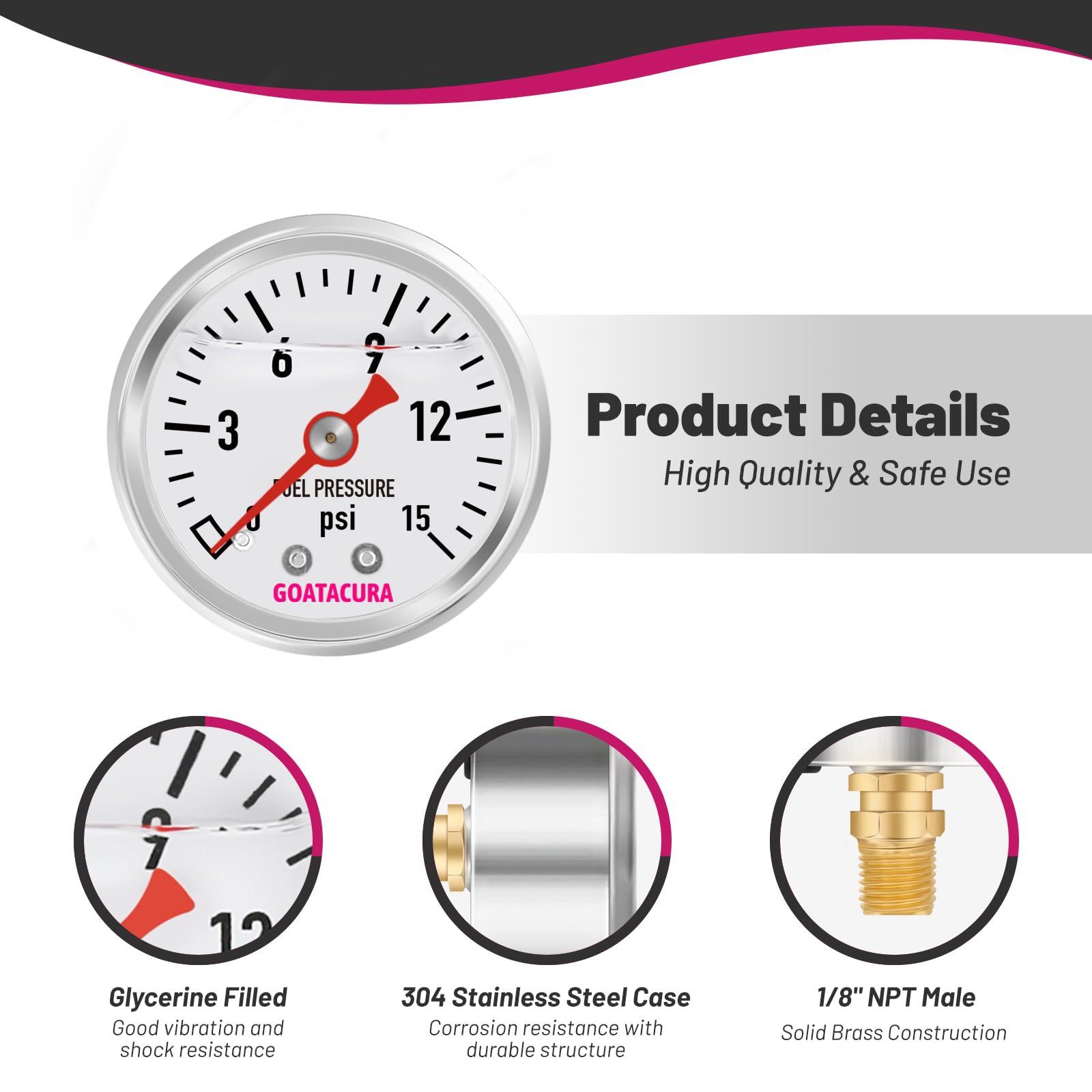Goatacura 0-15Psi Glycerin Filled Fuel Pressure Gauge, 1-1/2'' Dial Size, 304 Stainless Steel Case, 1/8'' Npt Center Back Mount,