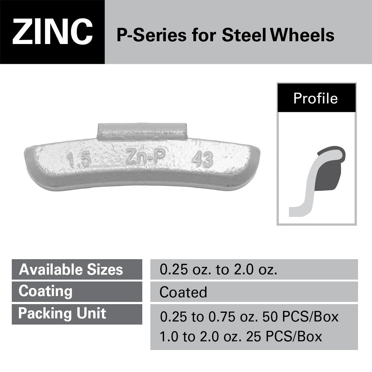 CKAuto P Series Zinc Clip on Wheel Weights 1.5oz, 3/2oz, Coated, 25Pcs/Box Fit for Steel Wheel
