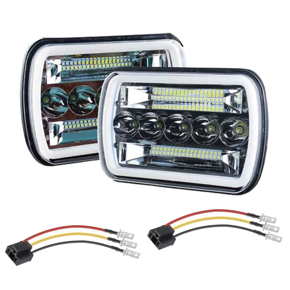 AMUNIESUN Super Bright Pair 7x6 5x7 Headlights 6052 6054 H5054 H6054 Hi/Low Sealed Beam White/Amber Halo Compatible With Ford E2