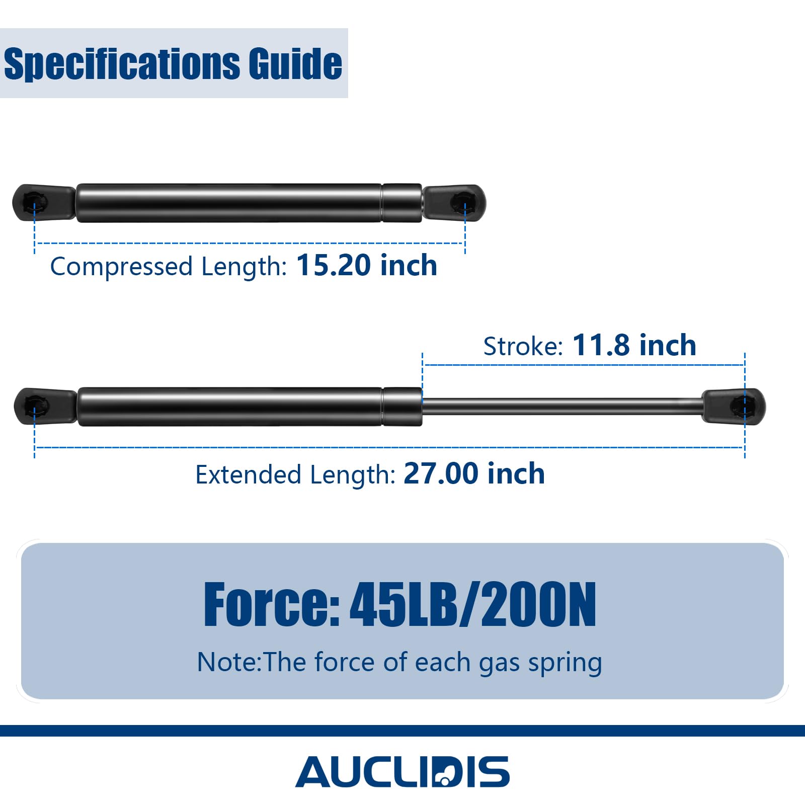 AUCLIDIS Gas Struts - ST270ED1-45 27" 45lb Black Metal Lift Supports for Tonneau Cover - Set of 2