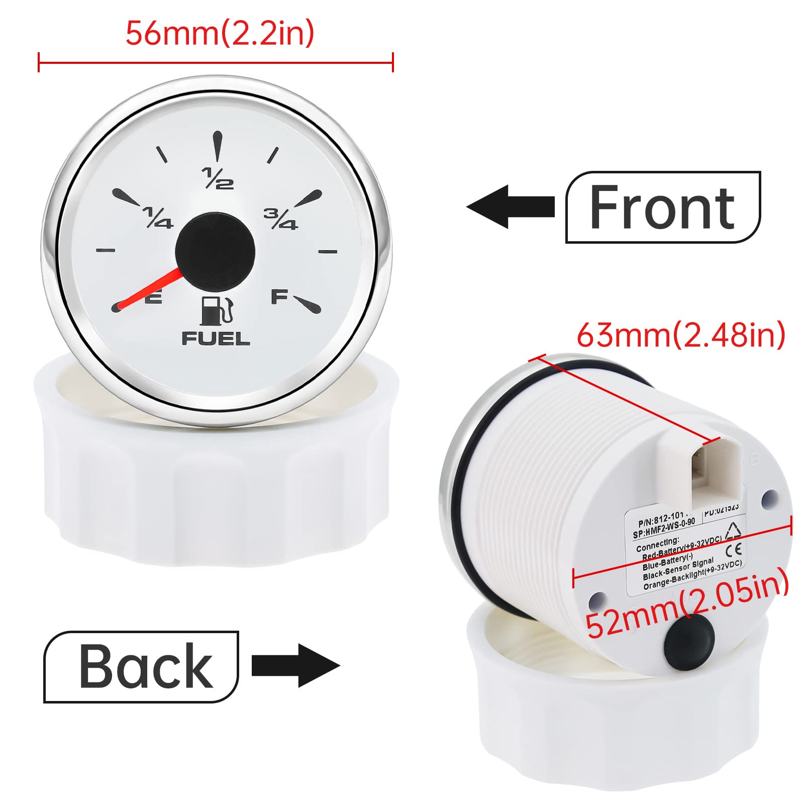 ARTILAURA Marine Boat Fuel Gauge – 0-90 Ohm Gas Level Meter, 52mm, White, Metal, Universal for Car, Truck, RV