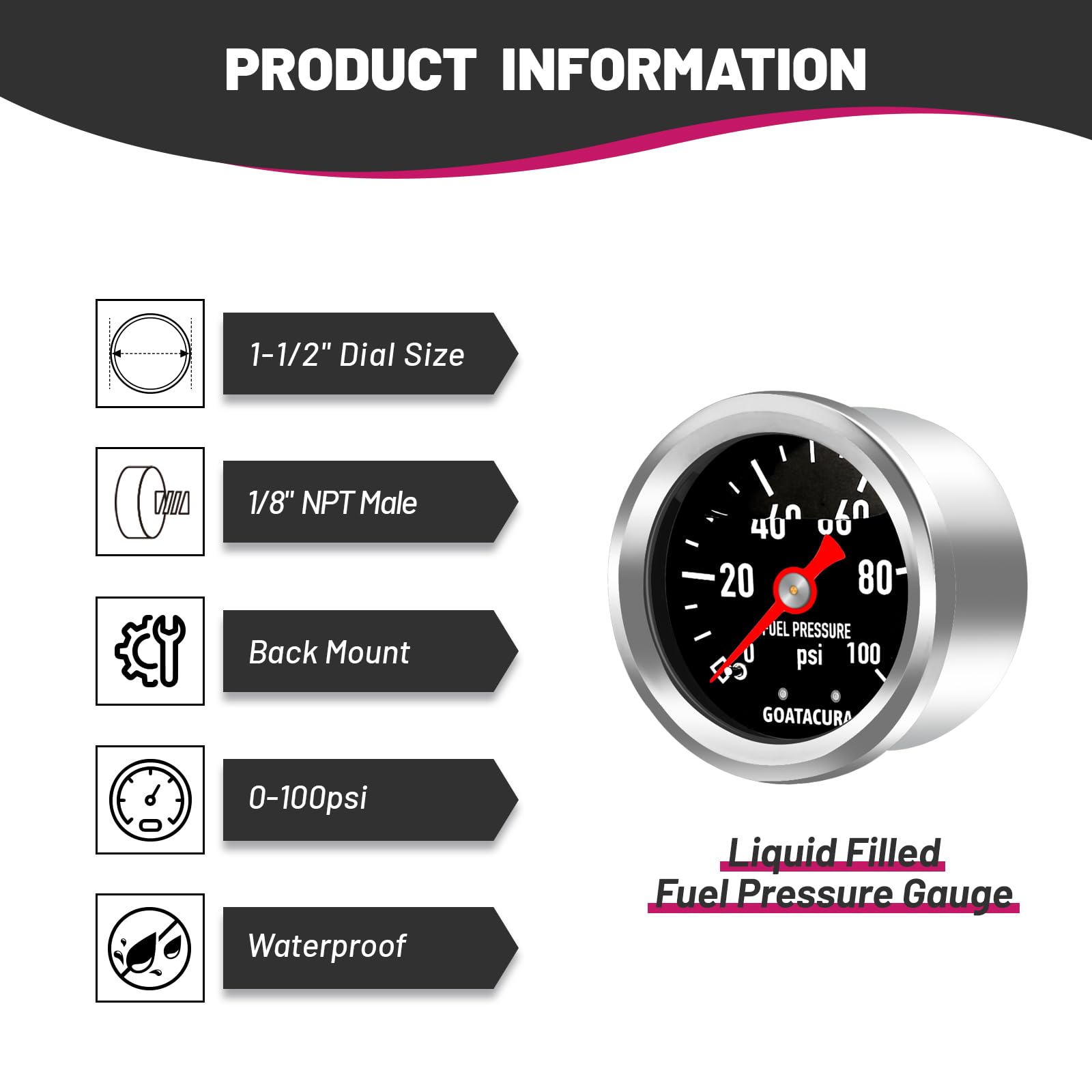 Goatacura 0-100Psi Glycerin Filled Fuel Pressure Gauge, 1-1/2'' Black Dial Size, 304 Stainless Steel Case, 1/8'' Npt Center Back