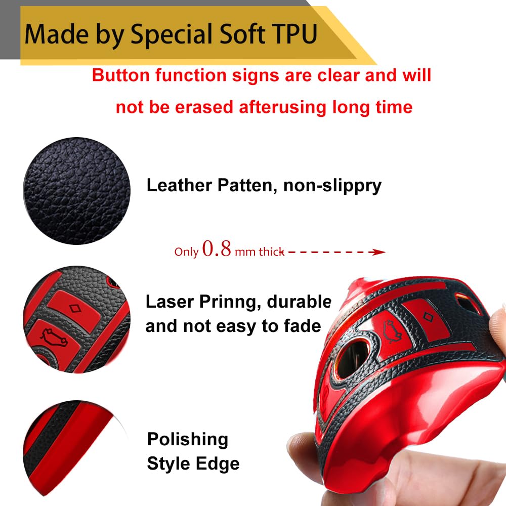 CTRINEWS BMW Key Fob Cover, Carbon Fiber Style, Soft TPU, Model BM1A212, Red, for BMW A