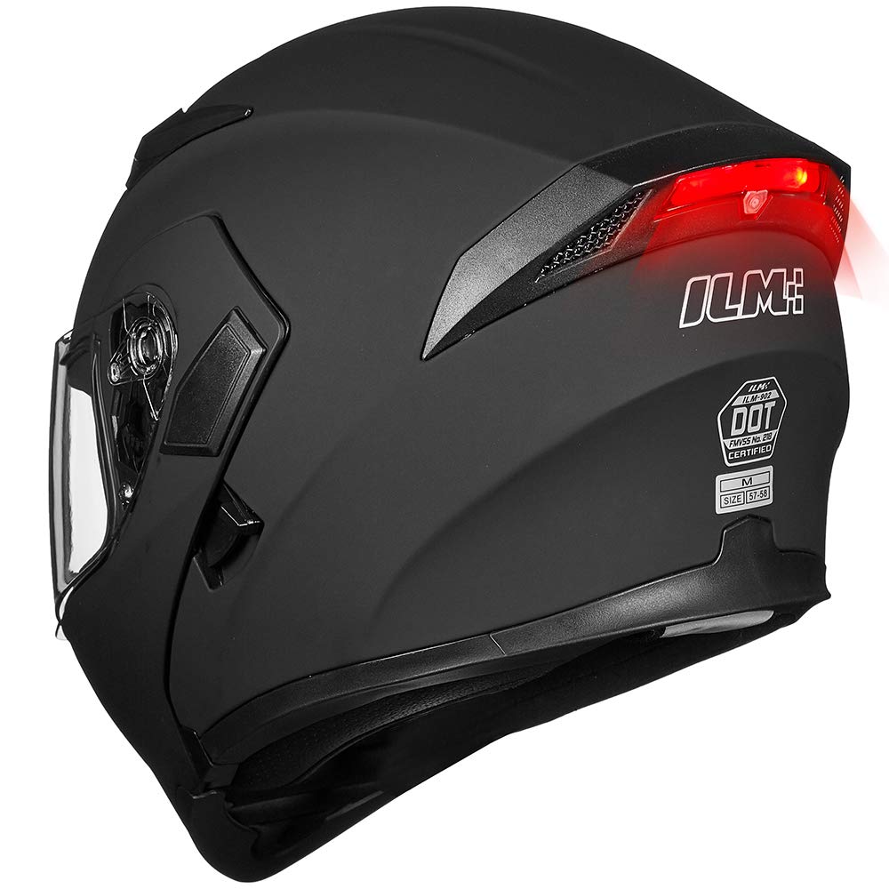 Ilm Motorcycle Dual Visor Flip Up Modular Full Face Helmet Dot Led Light Model 902L (S, Matte Black - Led)