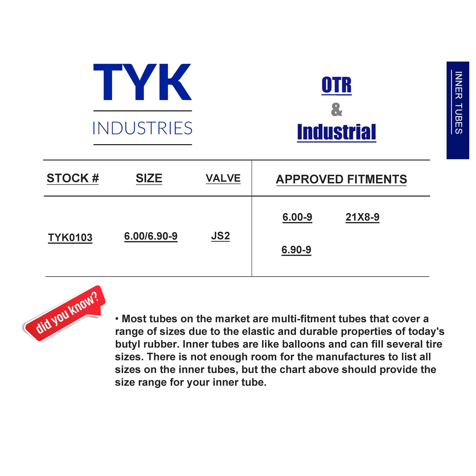 TYK Industries Inner Tube for Forklift & Trailer Tire, JS2 Model, 6.00-9 Size, Synthetic Rubber, 2 Pieces