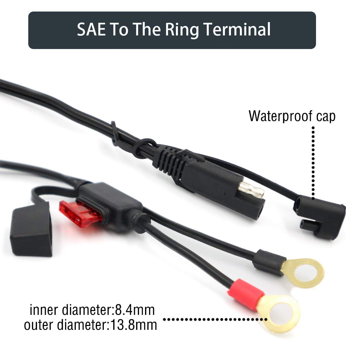 iMESTOU Motorcycle Solar SAE Quick Disconnect Extension Cable Adapter, Ring Terminal Harness with Black Fused 2-Pin Quick Discon