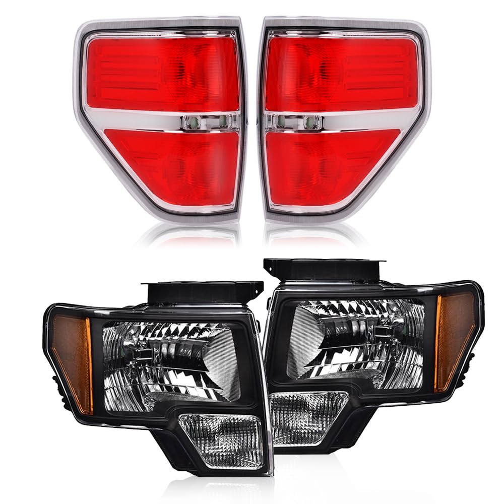 GRAND ORANGE Headlights + Rear Clear Tail Lights Assembly Compatible with Ford F150 2009-2014 4PCS Clear Lens Black Housing Ambe