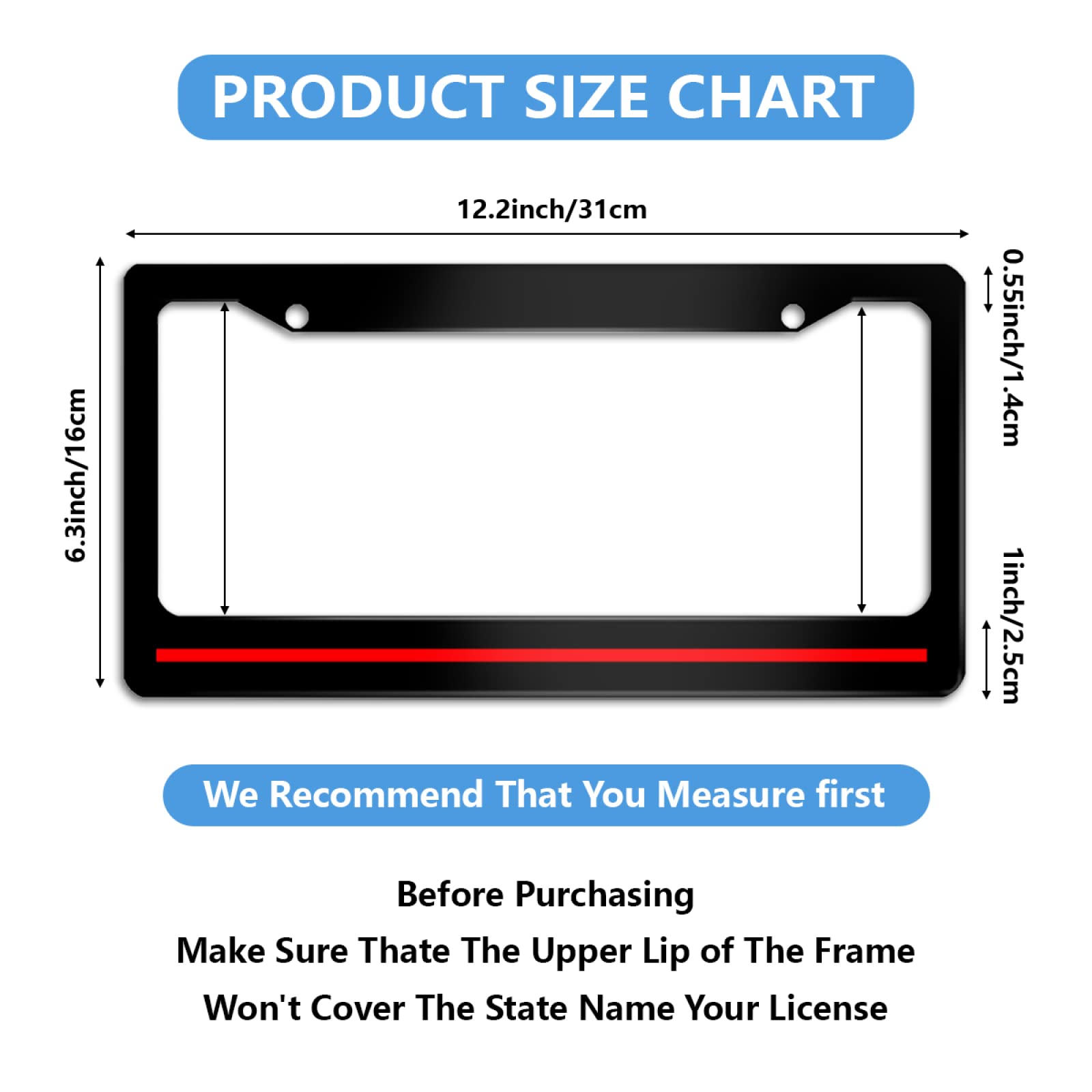 Meikosks Thin Red Line License Plate Frame,Personalized Firefighter Metal Aluminum Car Cover Tag Holder Frames, 2 Holes with Scr