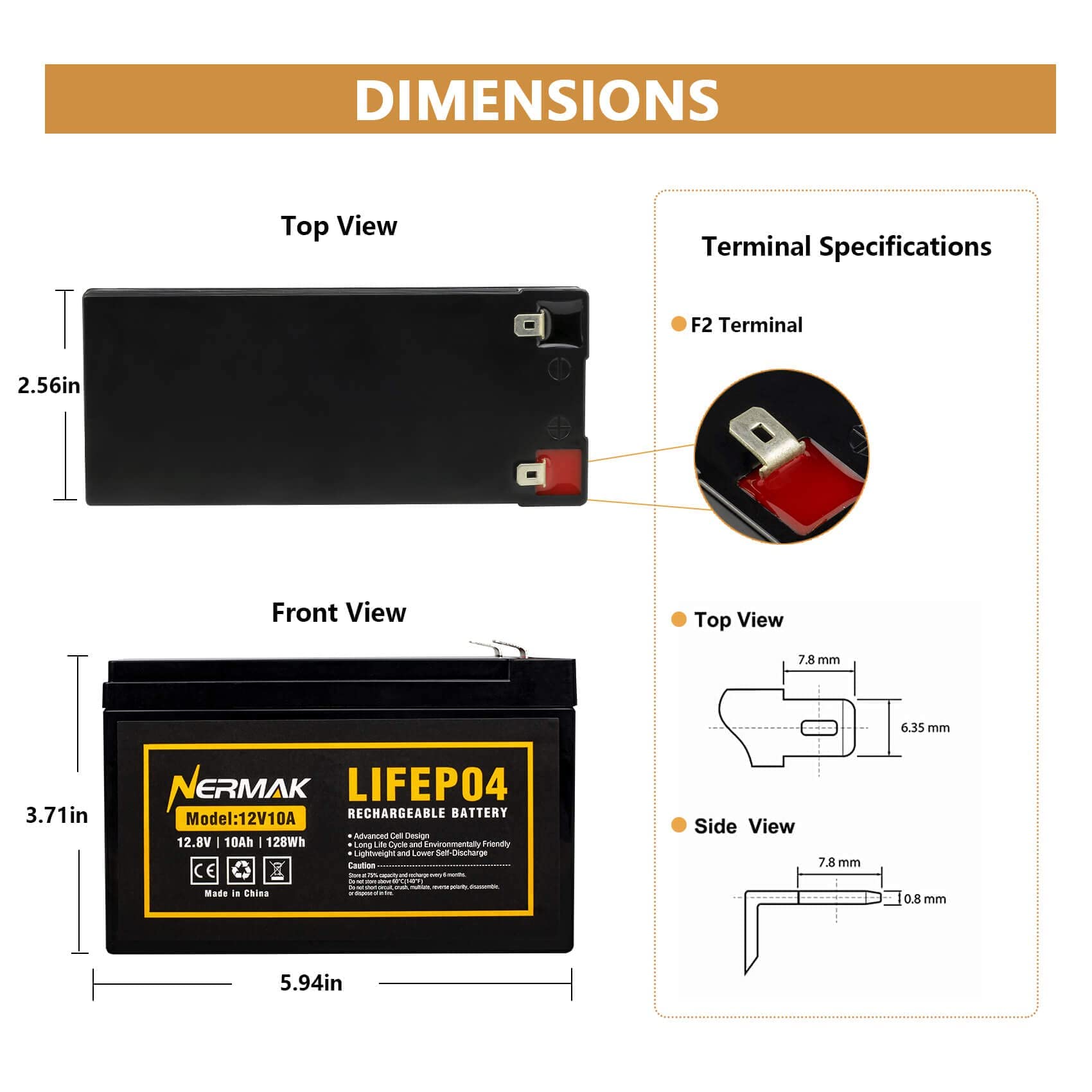 NERMAK 12V 10Ah Lithium LiFePO4 Deep Cycle Battery, 2000+ Cycles, Black, Model 12V10A for Solar/Wind Power, UPS,