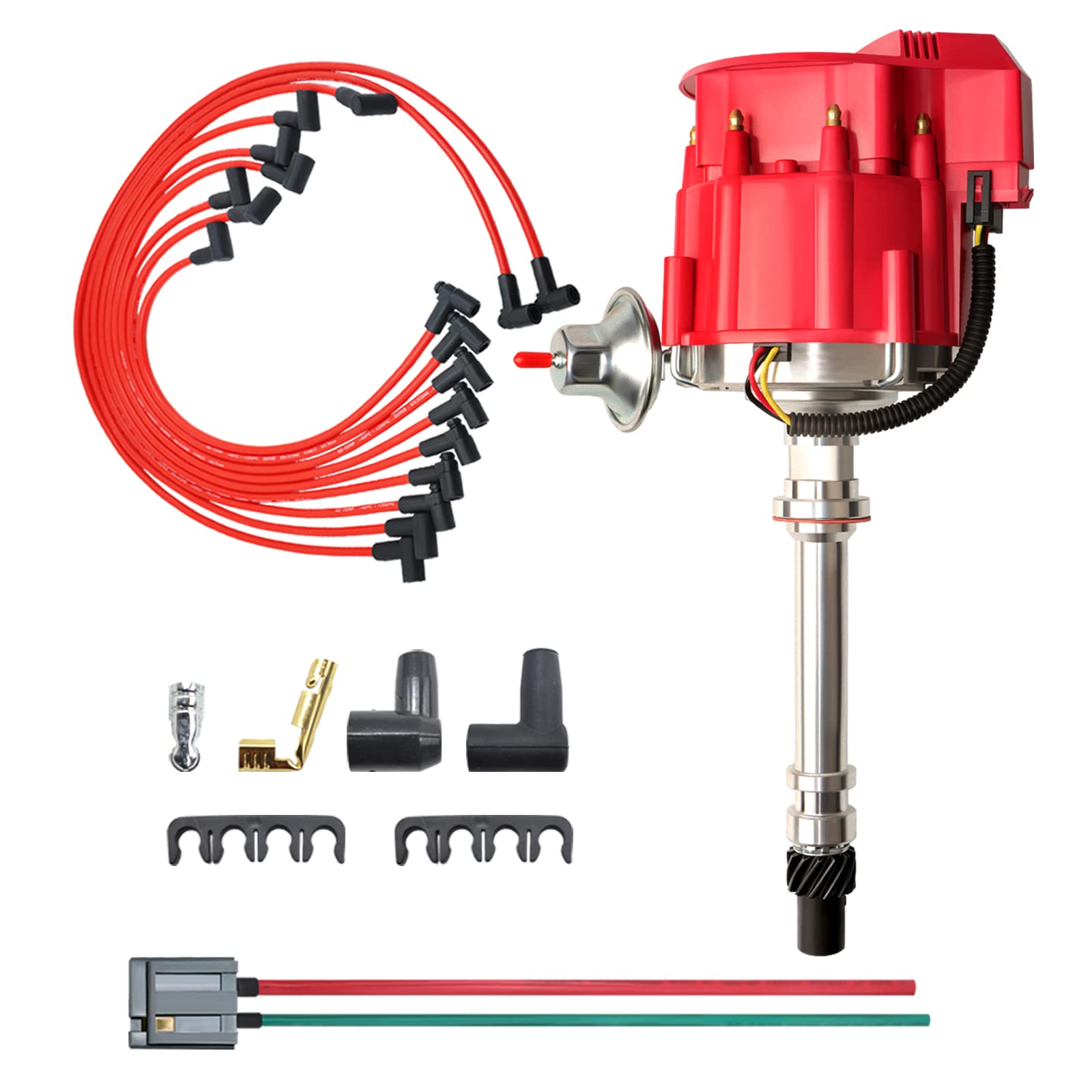 Mas Racing Hei Distributor&Spark Plug Wires & Free Pigtail Wire Harness Combo Kit Red Cap Replacement For Chevy 283 302 307 327 