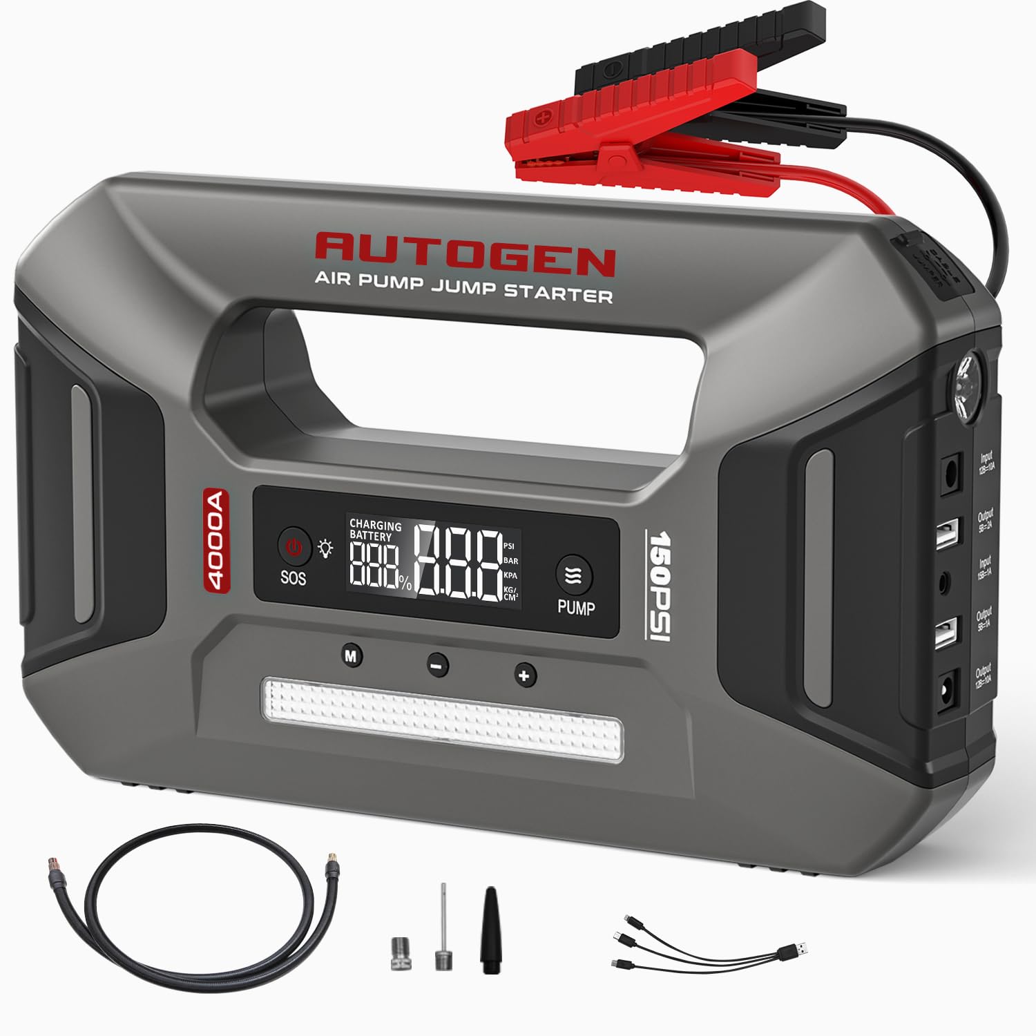 AUTOGEN Portable Car Jump Starter with Air Compressor, 4000A Battery Booster for All Gasoline and 9.5L Diesel, 150 PSI Tire Infl