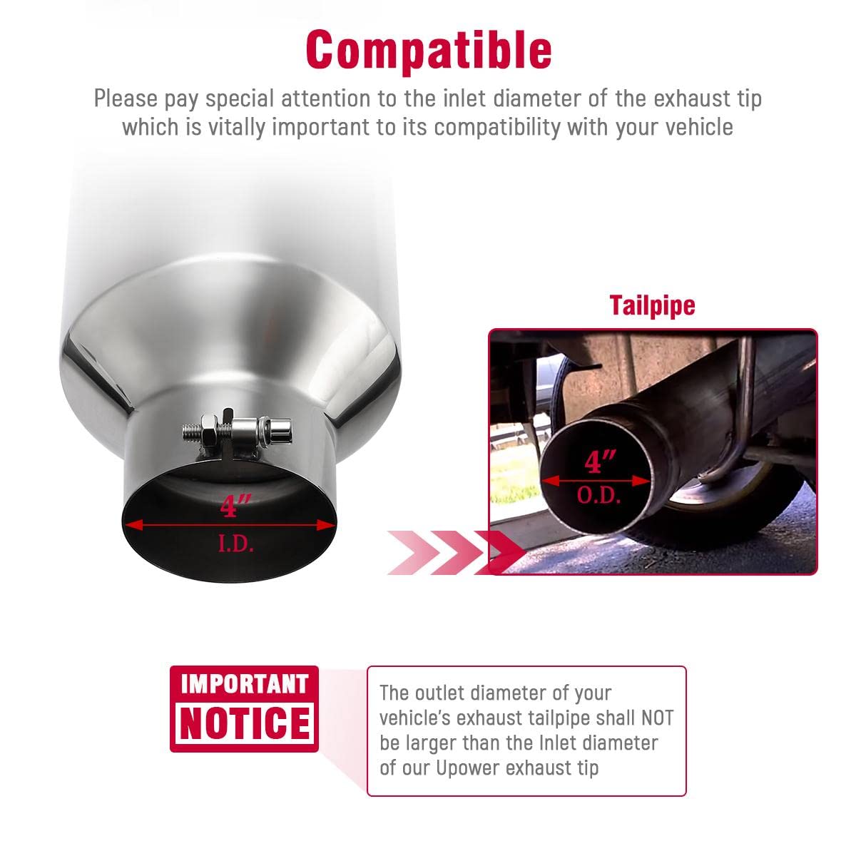 Upower Exhaust Tip - Mirror Polished 4" Inlet, 8" Outlet, 18" Long, 45° Angle Cut, Universal for Trucks & Cars, Silver