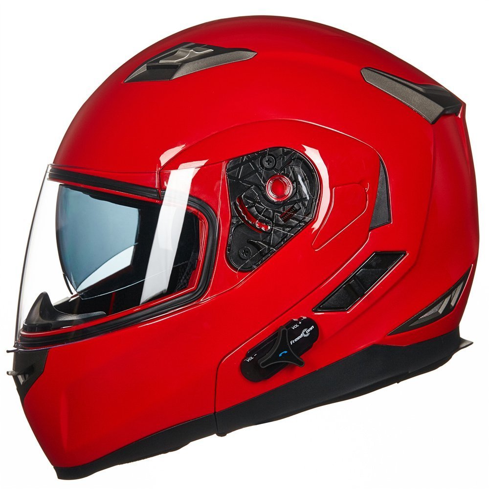 Ilm Bluetooth Integrated Modular Flip Up Full Face Motorcycle Helmet Sun Shield Mp3 Intercom Model 953 (L, Red)