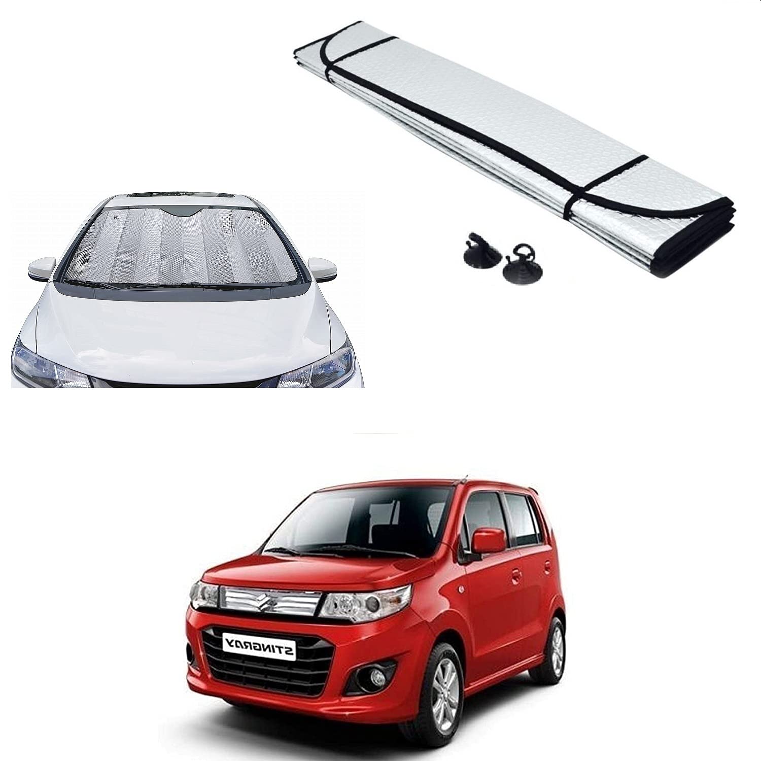 Olmeo Car Front Windshield Foldable Sunshade 126cm x 60cm Silver for Maruti Suzuki WagonR Stingray