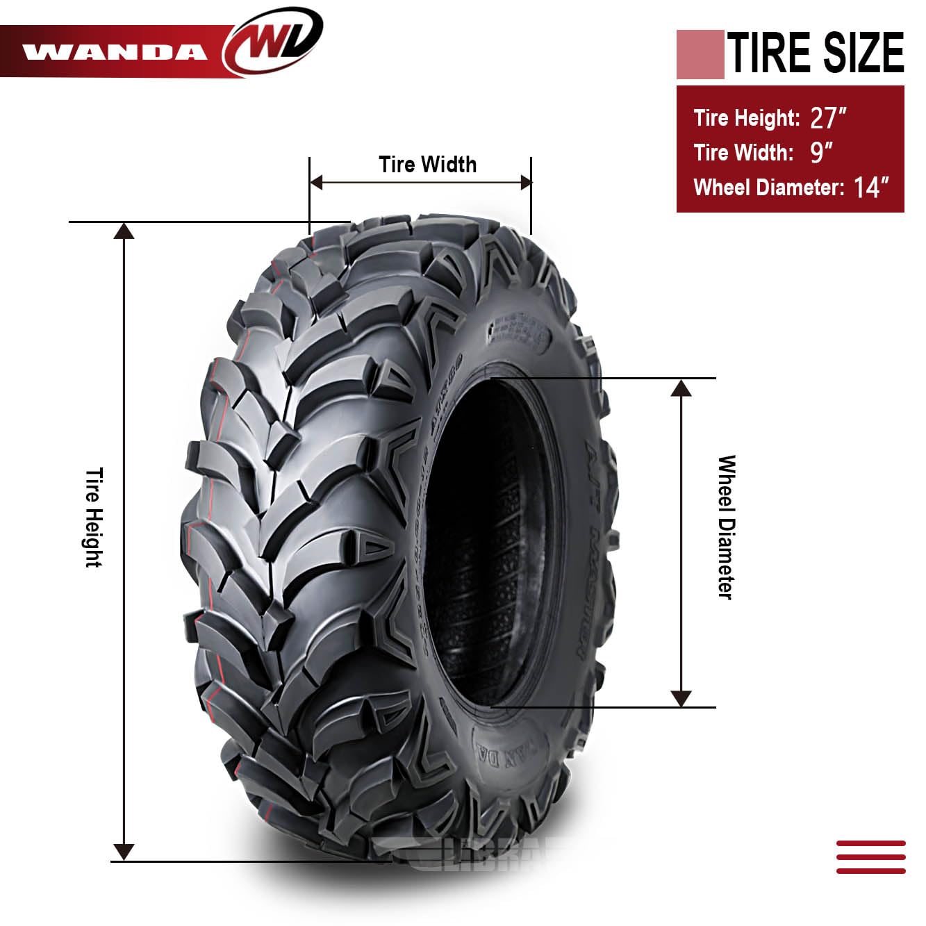 Set 4 Wanda 27X9-14 27X9X14 Utv Atv Tire Set 8-Ply Solid Mud-20Mm Deep Tread